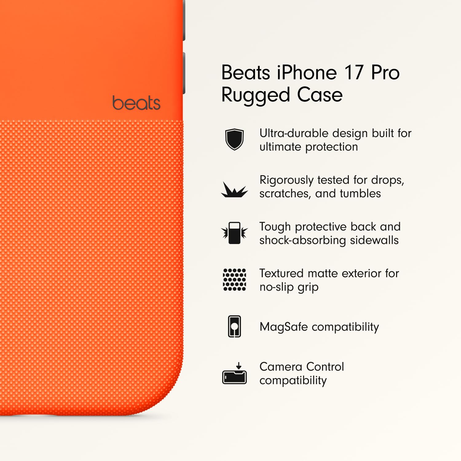 Beats iPhone 17 Pro Rugged Case with MagSafe & Camera Control, Scratch & Drop Tested, Matte Texture with Microfiber Lining - Sierra Orange thumbnail