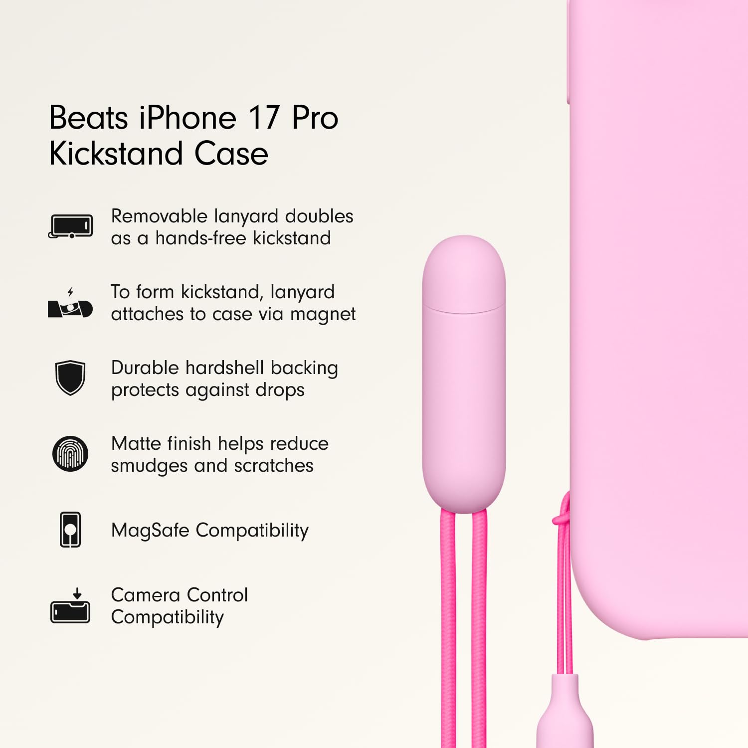 Beats iPhone 17 Pro Kickstand Case with MagSafe & Camera Control, Built in Stand & Lanyard, Matte Finish with Microfiber Lining – Pebble Pink thumbnail
