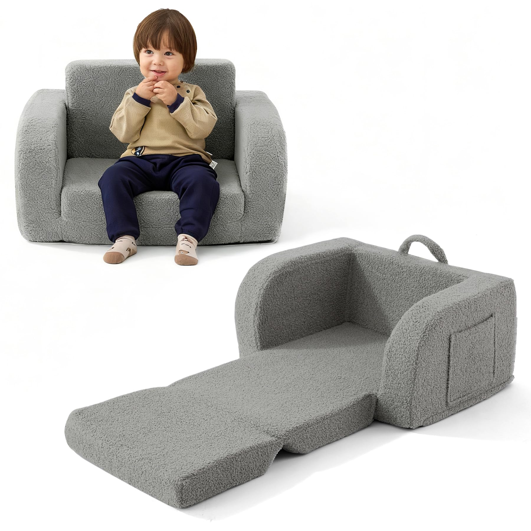 Toddler Couch, 2-in-1 Toddler Chairs Comfy 1-3 Years Old, Toddler Chair for Girls and Boys, Kids Couch Bed Fold Out, Convertible Baby Sofa to Lounge Chair for Playing, Reading, Napping, Grey