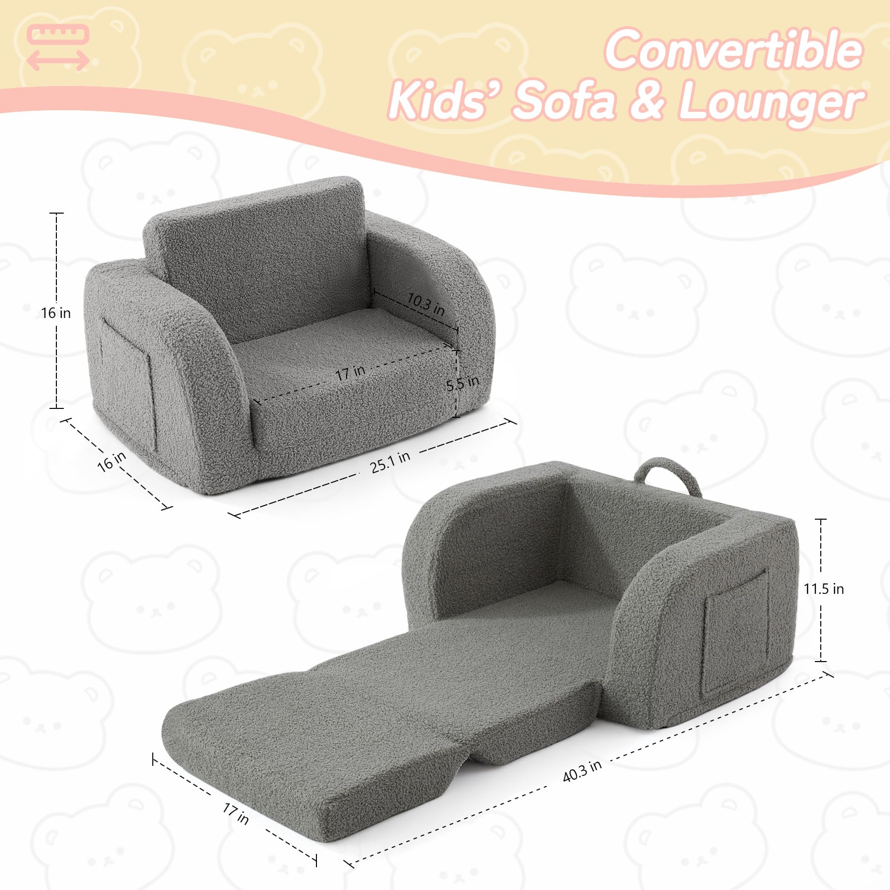 Toddler Couch, 2-in-1 Toddler Chairs Comfy 1-3 Years Old, Toddler Chair for Girls and Boys, Kids Couch Bed Fold Out, Convertible Baby Sofa to Lounge Chair for Playing, Reading, Napping, Grey thumbnail