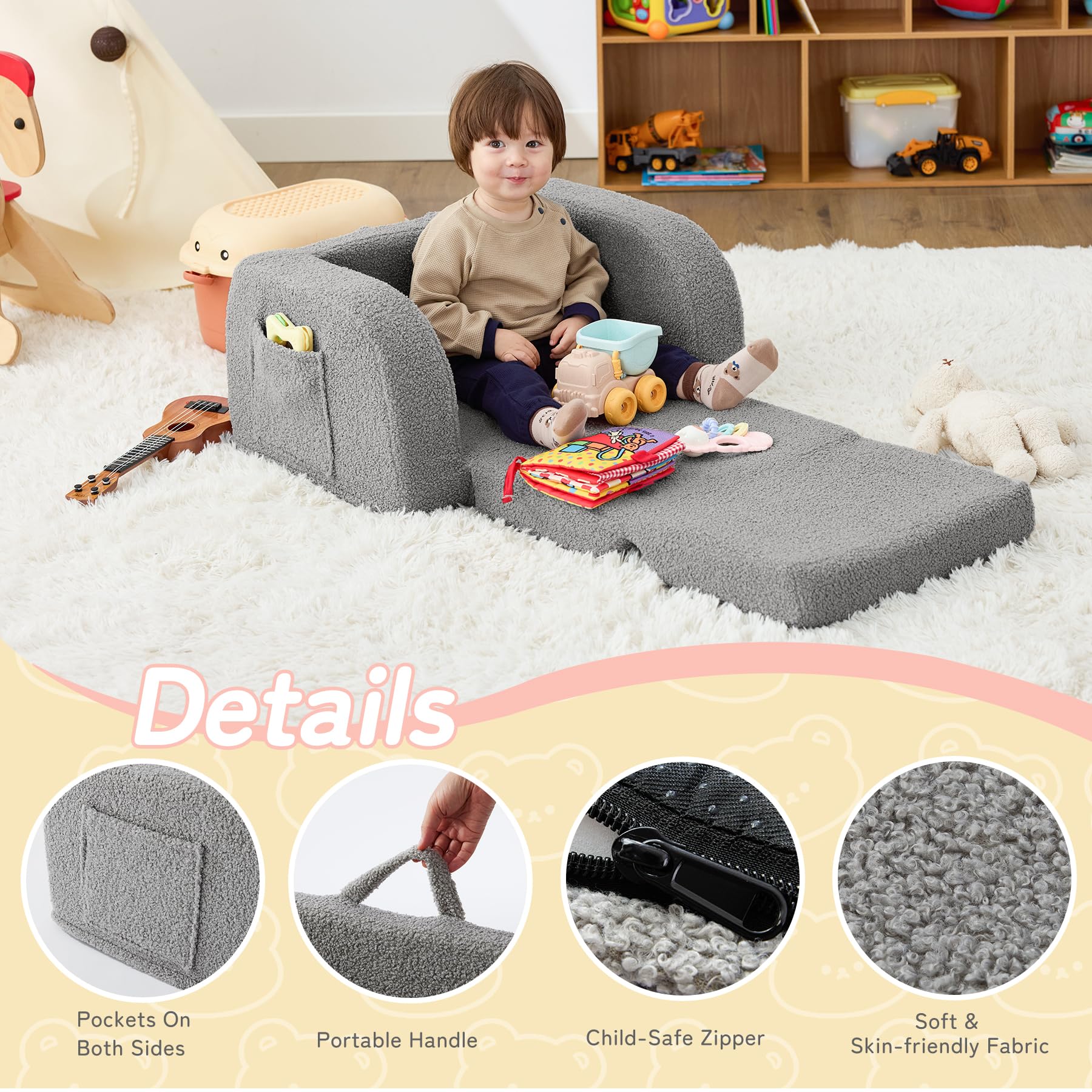 Toddler Couch, 2-in-1 Toddler Chairs Comfy 1-3 Years Old, Toddler Chair for Girls and Boys, Kids Couch Bed Fold Out, Convertible Baby Sofa to Lounge Chair for Playing, Reading, Napping, Grey thumbnail