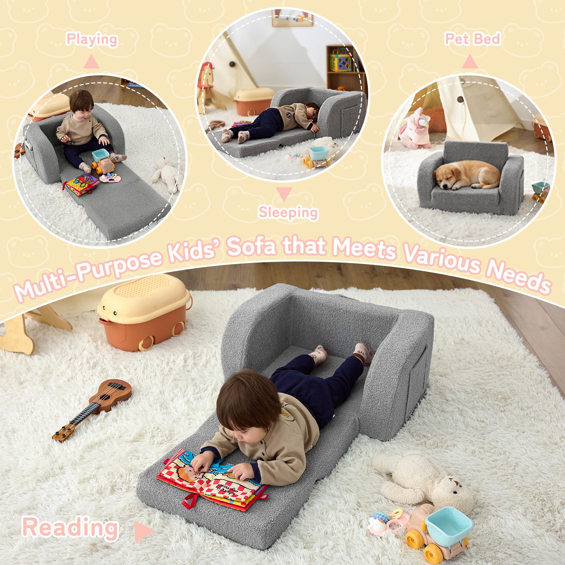 Toddler Couch, 2-in-1 Toddler Chairs Comfy 1-3 Years Old, Toddler Chair for Girls and Boys, Kids Couch Bed Fold Out, Convertible Baby Sofa to Lounge Chair for Playing, Reading, Napping, Grey thumbnail