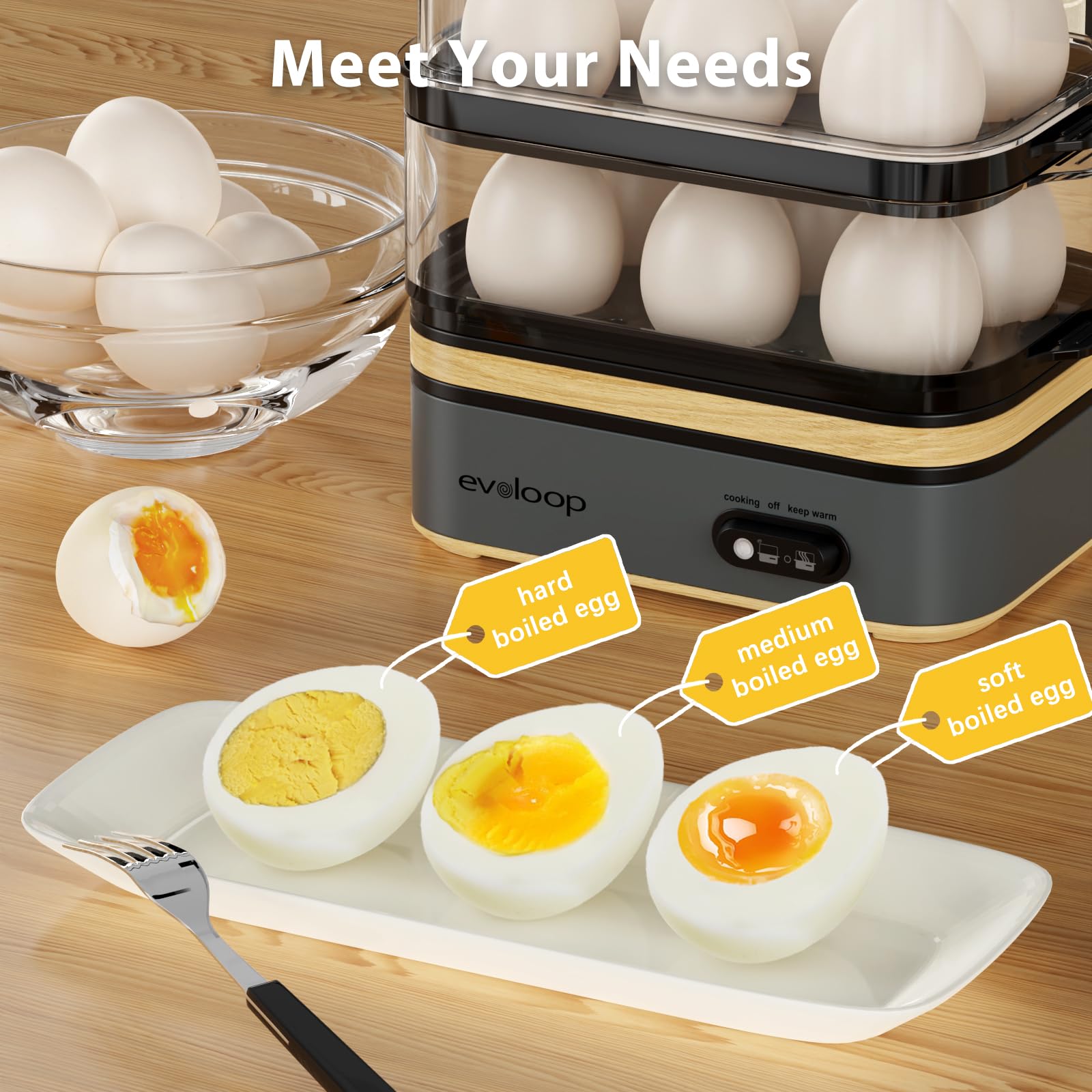 Evoloop Rapid Egg Cooker Electric 12 Eggs Capacity, Soft, Medium, Hard Boiled, Poached, Omelet Maker Egg Poacher & Vegetable Steamer, BPA Free Tray(Grey) thumbnail