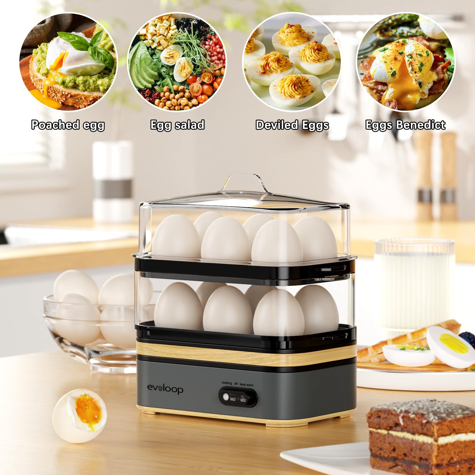 Evoloop Rapid Egg Cooker Electric 12 Eggs Capacity, Soft, Medium, Hard Boiled, Poached, Omelet Maker Egg Poacher & Vegetable Steamer, BPA Free Tray(Grey) thumbnail