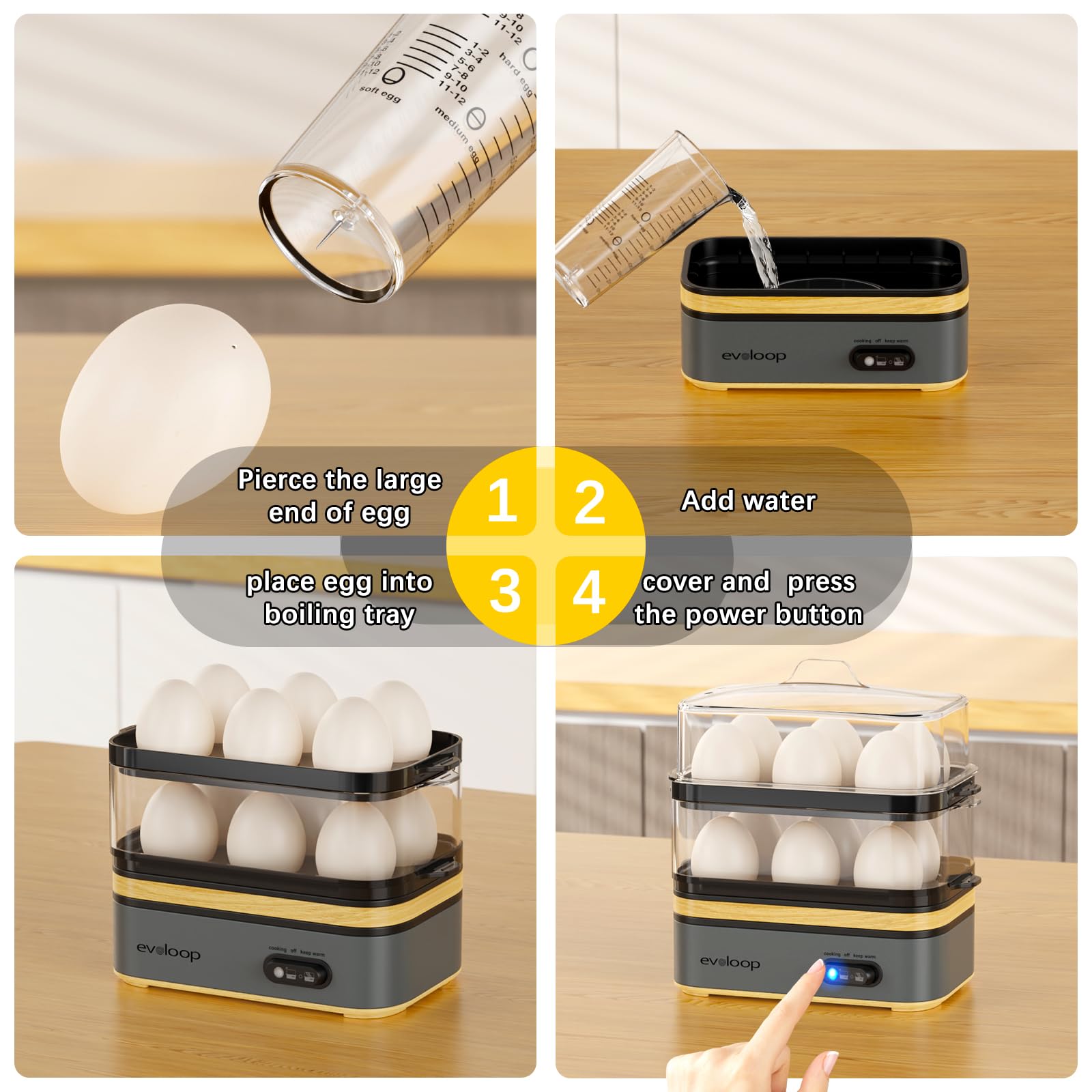 Evoloop Rapid Egg Cooker Electric 12 Eggs Capacity, Soft, Medium, Hard Boiled, Poached, Omelet Maker Egg Poacher & Vegetable Steamer, BPA Free Tray(Grey) thumbnail