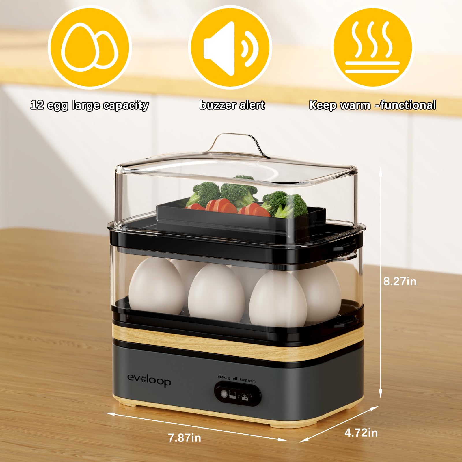 Evoloop Rapid Egg Cooker Electric 12 Eggs Capacity, Soft, Medium, Hard Boiled, Poached, Omelet Maker Egg Poacher & Vegetable Steamer, BPA Free Tray(Grey) thumbnail