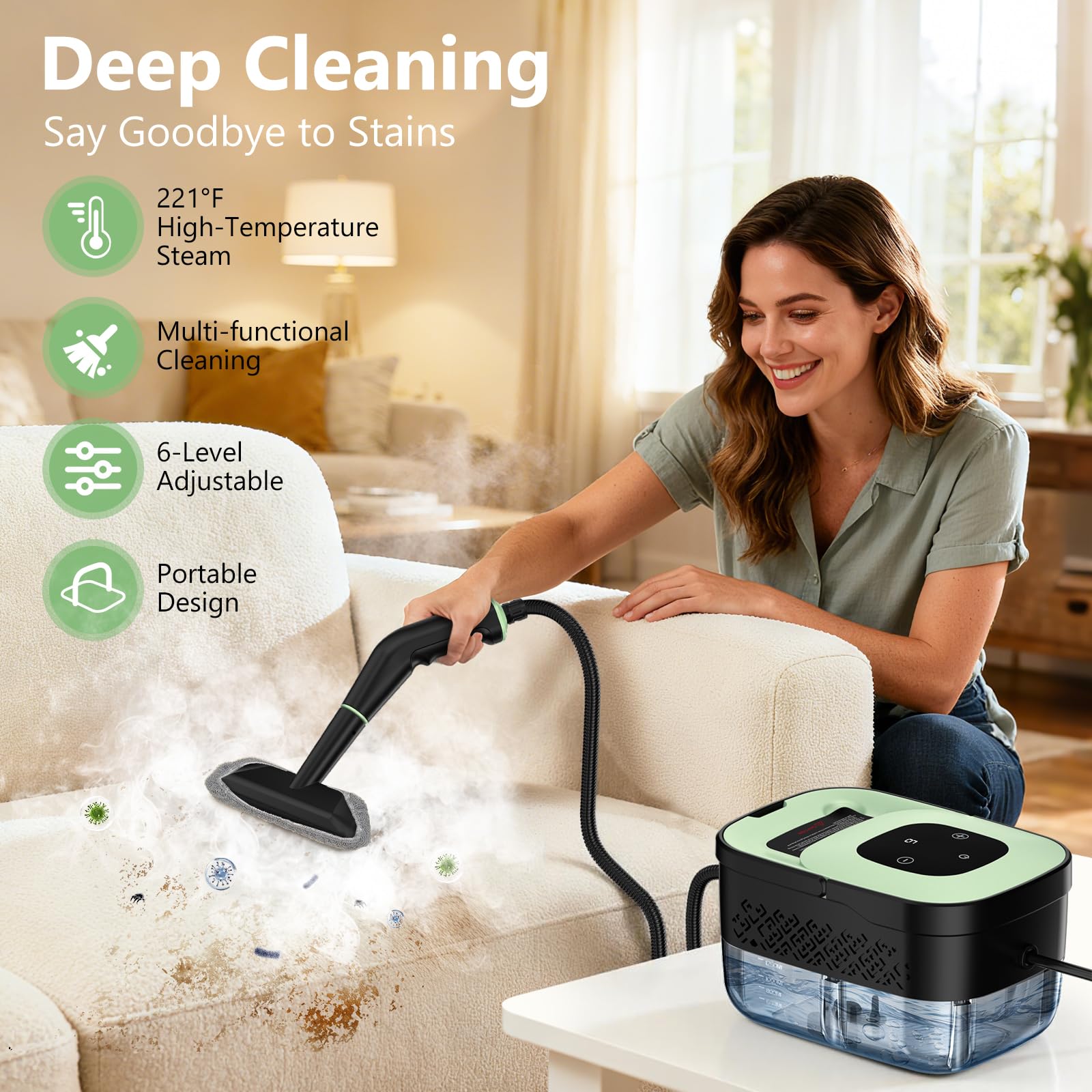 Steam Cleaner, Portable Steamer for Cleaning with 16pcs Accessories, 6-Level Adjustable and 15s Heat-Up, Handheld Steam Cleaner for Home, Tile, Dirt, Grout, Grease, Car Detailing thumbnail
