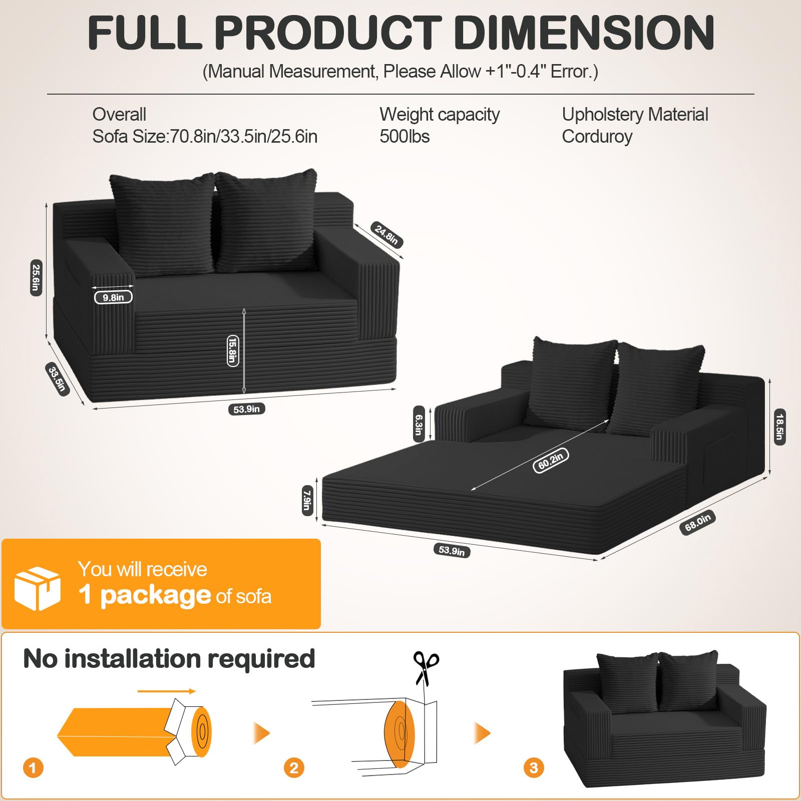 Erament Loveseat Boneless Convertible Sofa Bed, Folding Floor Futon Sleeper Sofa Couch Bed- Boneless Foldable Couch, Corduroy Pull Out Sofa Bed with 2 Pillows for Living Room & Bedroom thumbnail