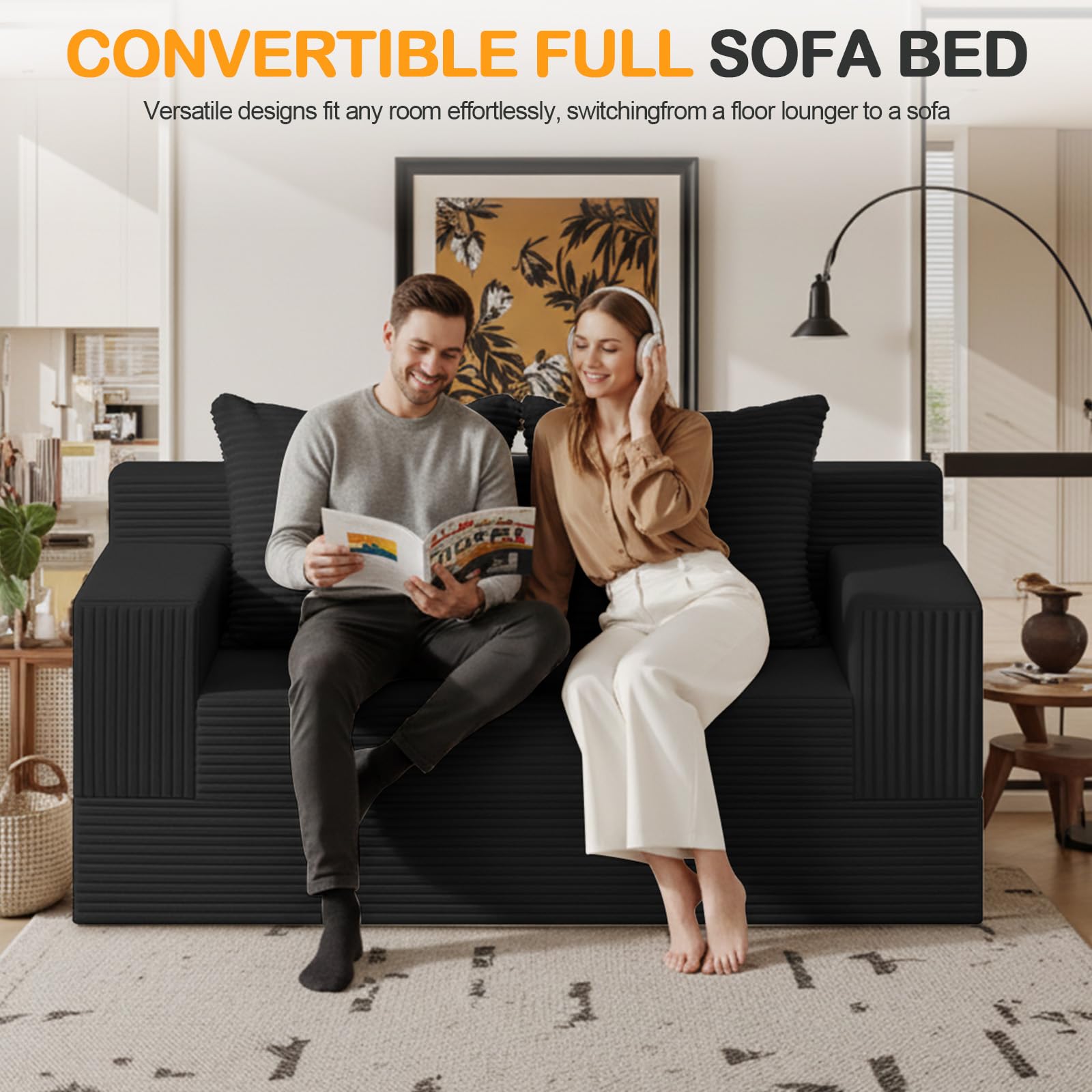 Erament Loveseat Boneless Convertible Sofa Bed, Folding Floor Futon Sleeper Sofa Couch Bed- Boneless Foldable Couch, Corduroy Pull Out Sofa Bed with 2 Pillows for Living Room & Bedroom thumbnail