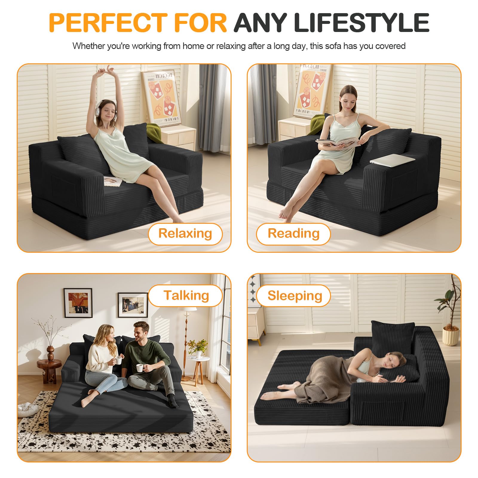 Erament Loveseat Boneless Convertible Sofa Bed, Folding Floor Futon Sleeper Sofa Couch Bed- Boneless Foldable Couch, Corduroy Pull Out Sofa Bed with 2 Pillows for Living Room & Bedroom thumbnail