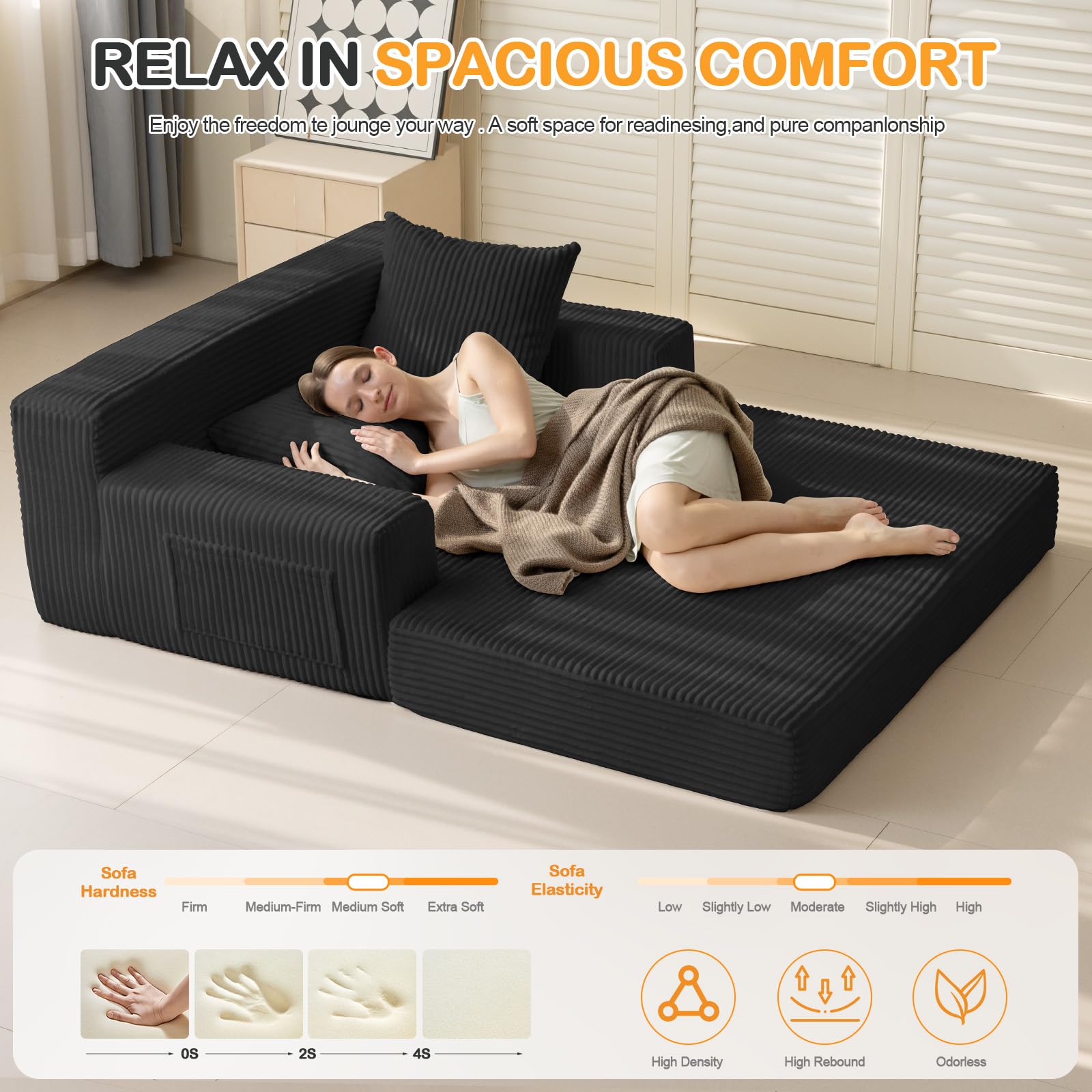Erament Loveseat Boneless Convertible Sofa Bed, Folding Floor Futon Sleeper Sofa Couch Bed- Boneless Foldable Couch, Corduroy Pull Out Sofa Bed with 2 Pillows for Living Room & Bedroom thumbnail