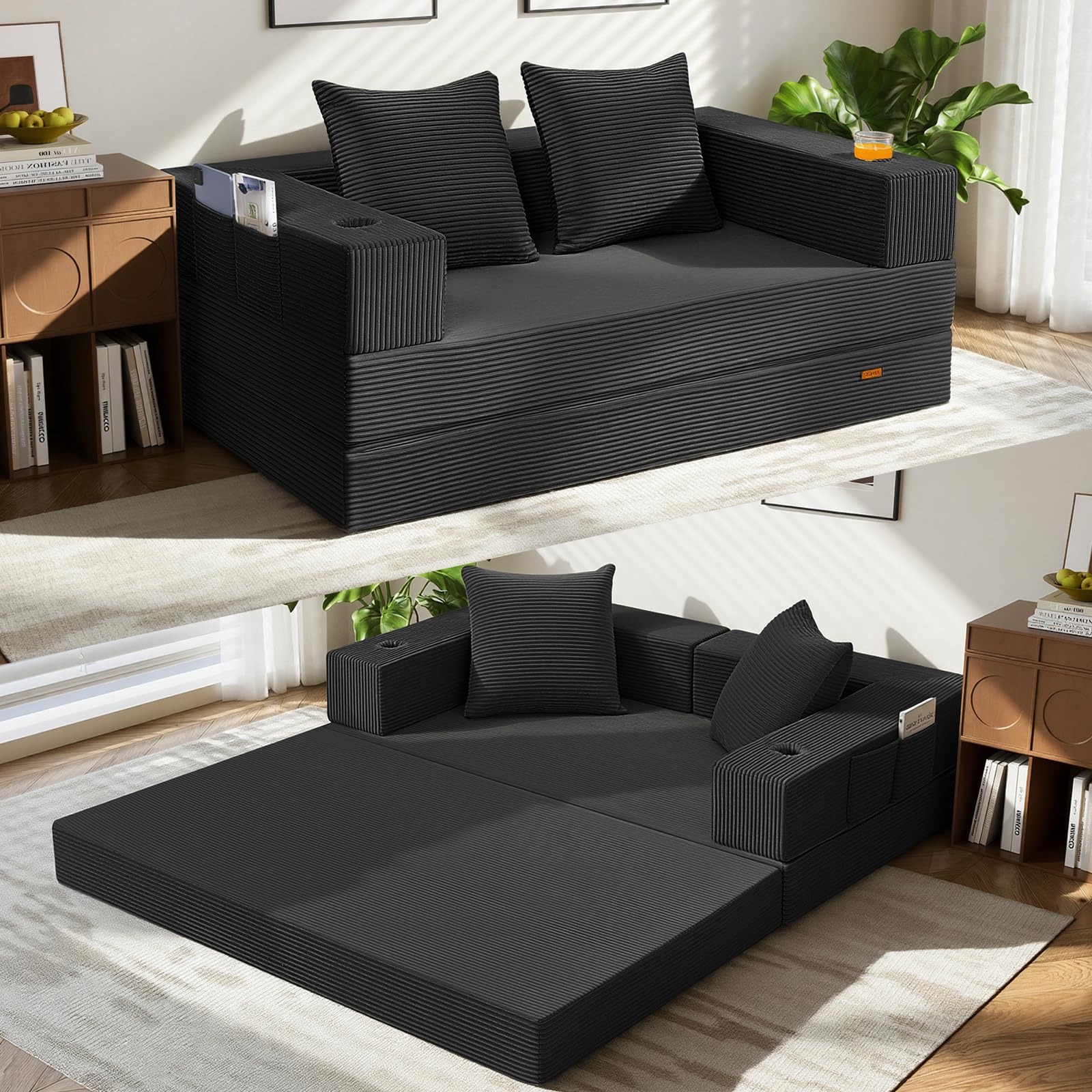 COMAX Futon Sofa Bed, Convertible Sofa Bed, Folding Boneless Couches | Boneless Couch for living room, 4‑in‑1 Fold Out Small Foldable Loveseat Floor Sleeper Mattress Lounge Space‑Saving, Black