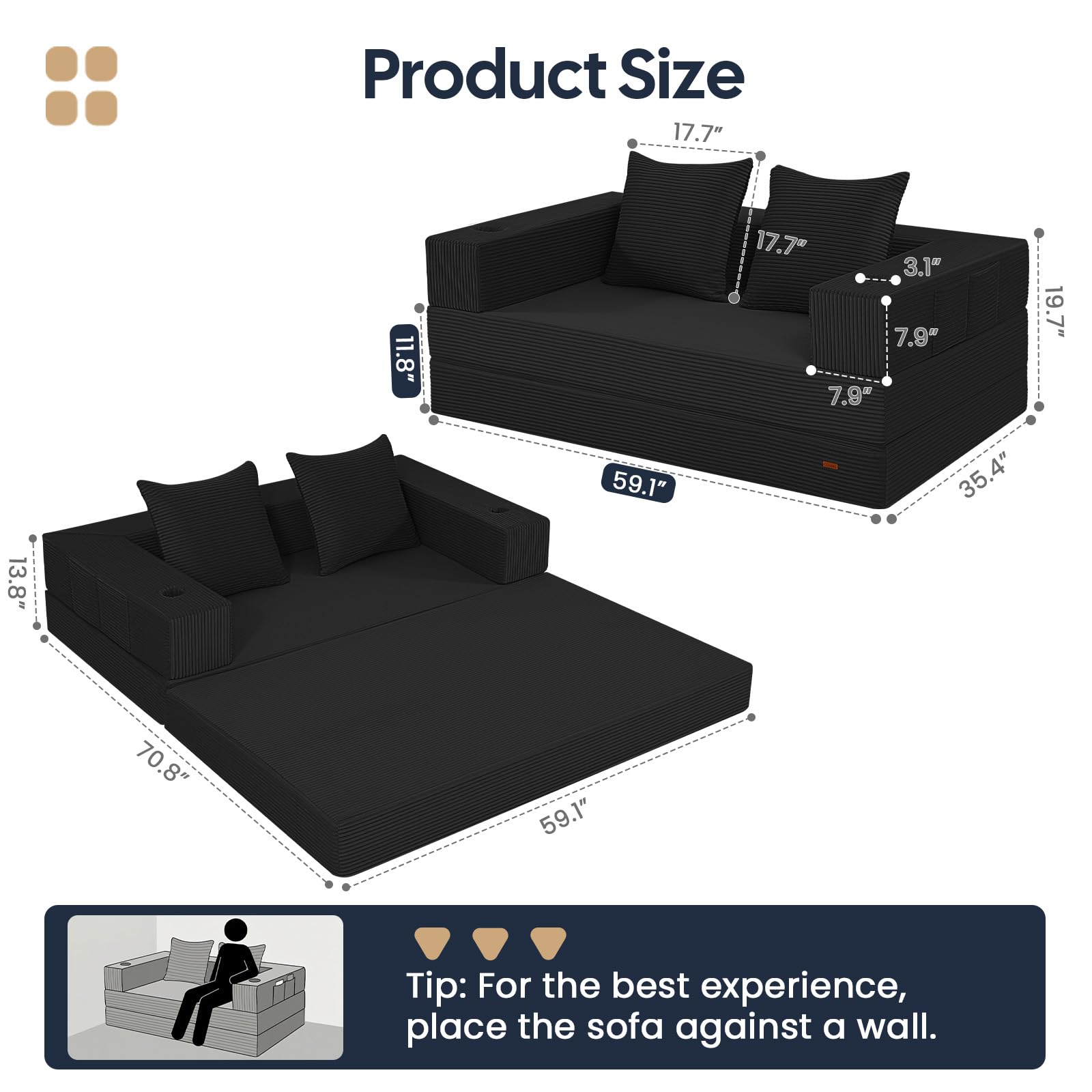 COMAX Futon Sofa Bed, Convertible Sofa Bed, Folding Boneless Couches | Boneless Couch for living room, 4‑in‑1 Fold Out Small Foldable Loveseat Floor Sleeper Mattress Lounge Space‑Saving, Black thumbnail