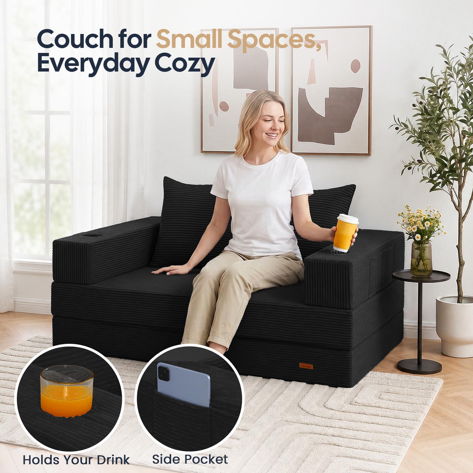 COMAX Futon Sofa Bed, Convertible Sofa Bed, Folding Boneless Couches | Boneless Couch for living room, 4‑in‑1 Fold Out Small Foldable Loveseat Floor Sleeper Mattress Lounge Space‑Saving, Black thumbnail