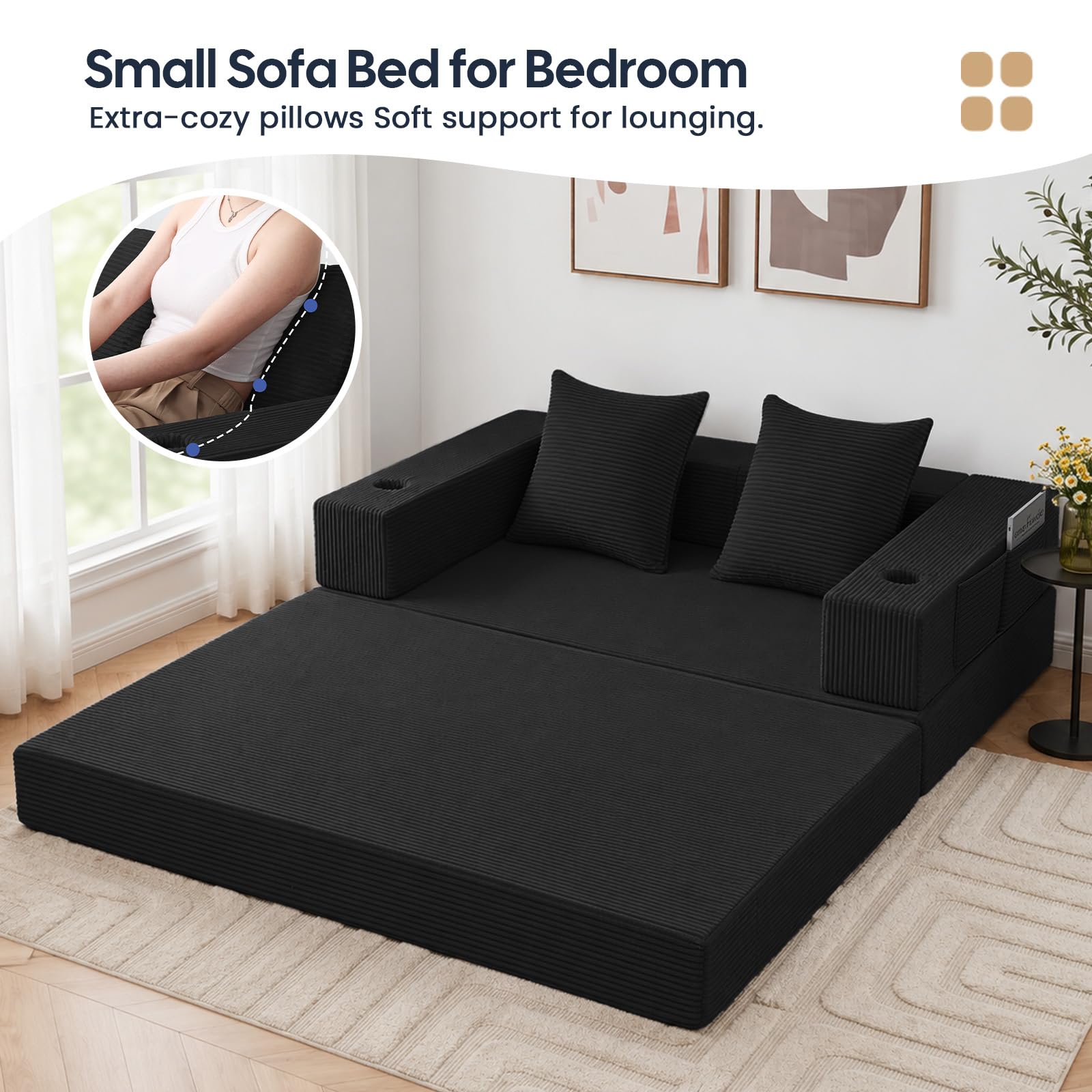 COMAX Futon Sofa Bed, Convertible Sofa Bed, Folding Boneless Couches | Boneless Couch for living room, 4‑in‑1 Fold Out Small Foldable Loveseat Floor Sleeper Mattress Lounge Space‑Saving, Black thumbnail