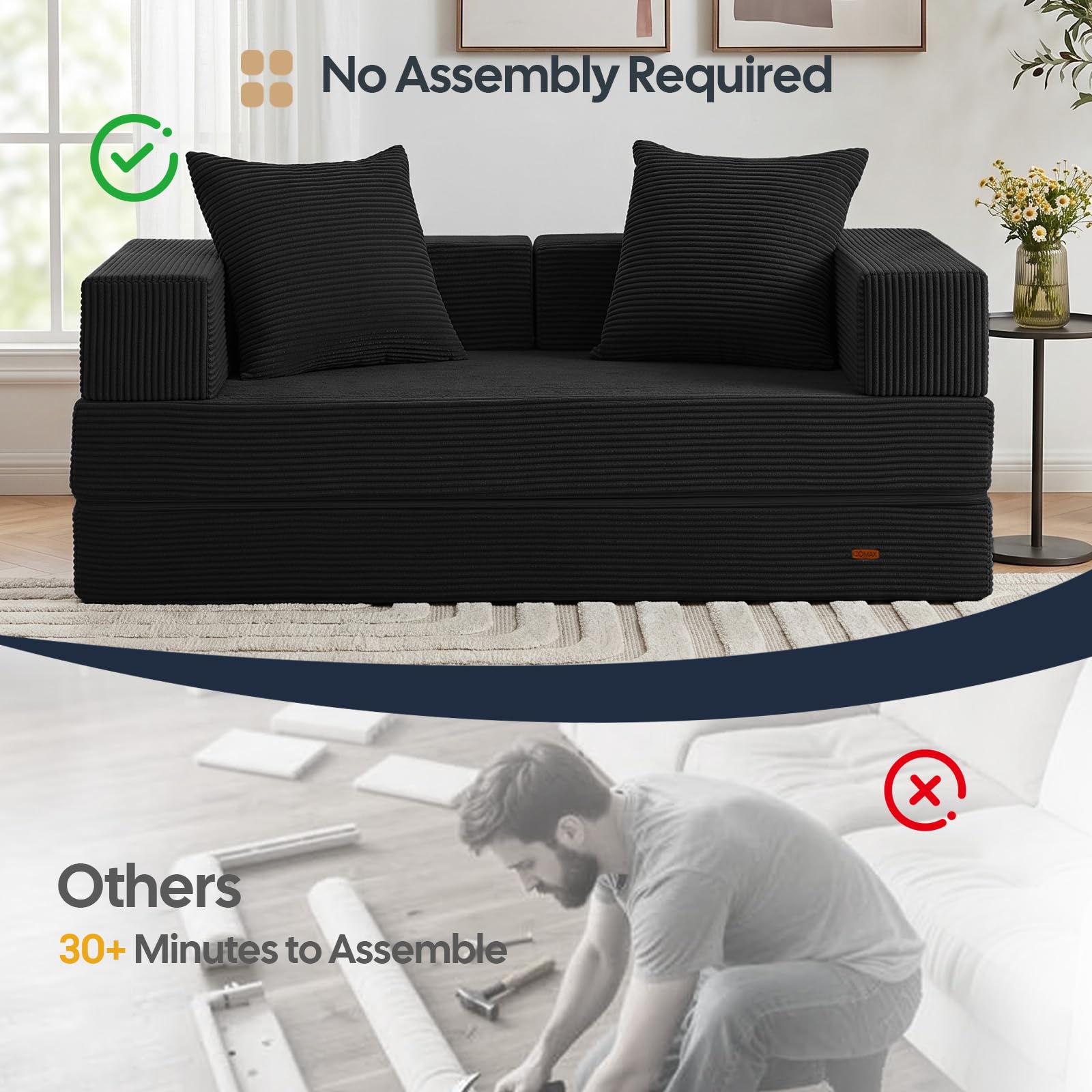 COMAX Futon Sofa Bed, Convertible Sofa Bed, Folding Boneless Couches | Boneless Couch for living room, 4‑in‑1 Fold Out Small Foldable Loveseat Floor Sleeper Mattress Lounge Space‑Saving, Black thumbnail