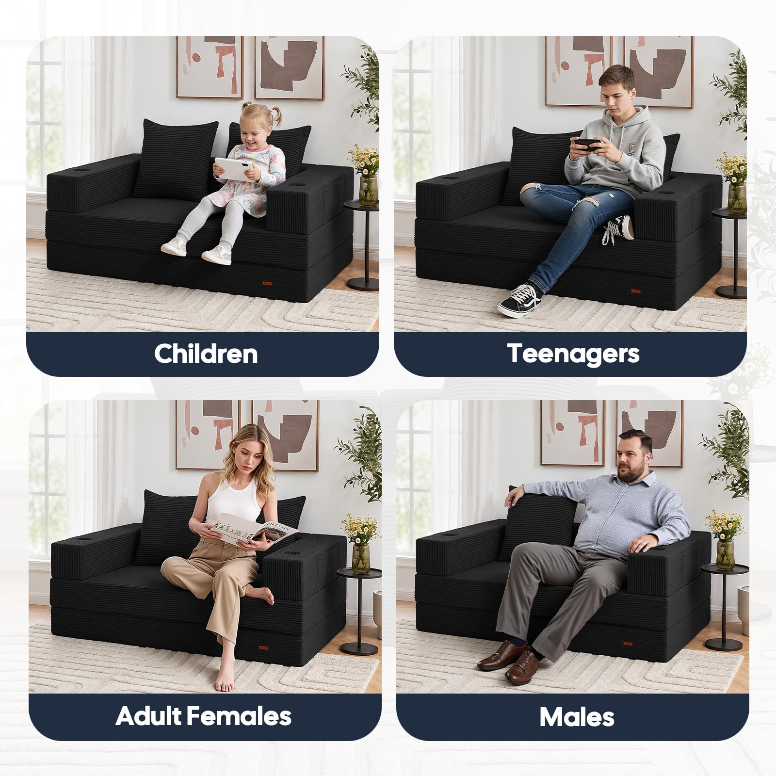 COMAX Futon Sofa Bed, Convertible Sofa Bed, Folding Boneless Couches | Boneless Couch for living room, 4‑in‑1 Fold Out Small Foldable Loveseat Floor Sleeper Mattress Lounge Space‑Saving, Black thumbnail