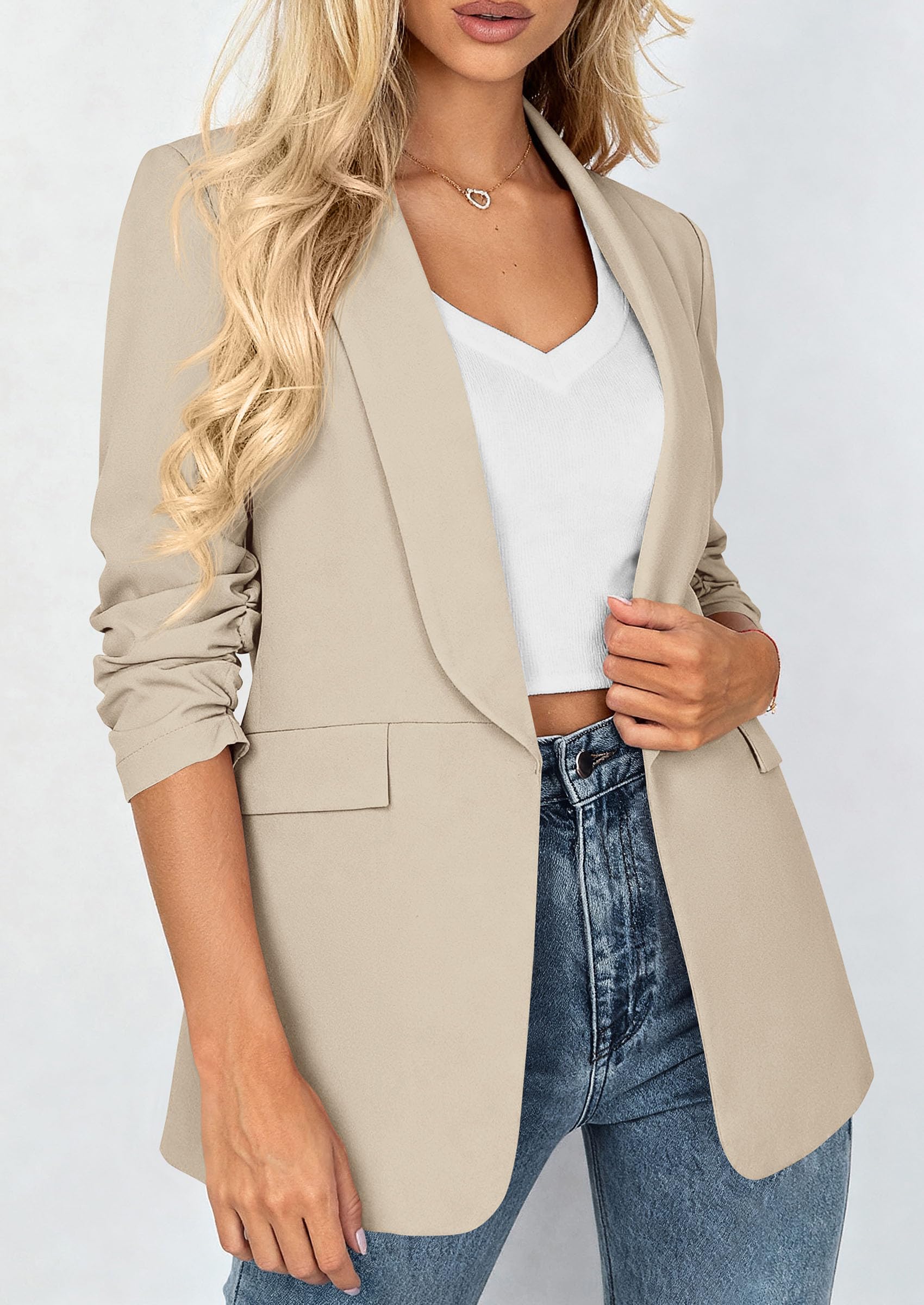 PRETTYGARDEN Women's 2026 Spring Blazers Business Casual Outfits Open Front Ruched 3/4 Sleeve Lightweight Work Suits Jackets thumbnail