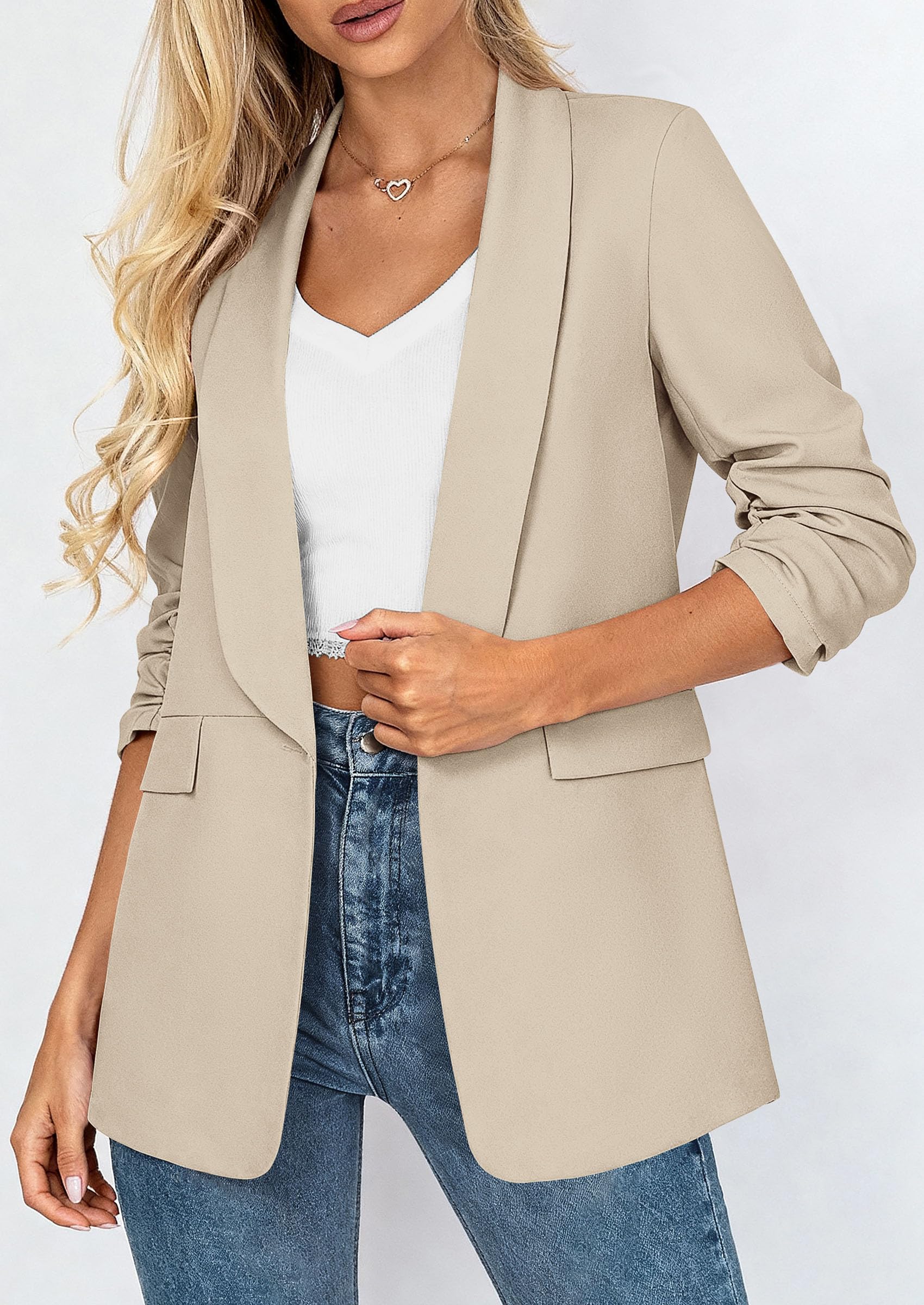 PRETTYGARDEN Women's 2026 Spring Blazers Business Casual Outfits Open Front Ruched 3/4 Sleeve Lightweight Work Suits Jackets thumbnail