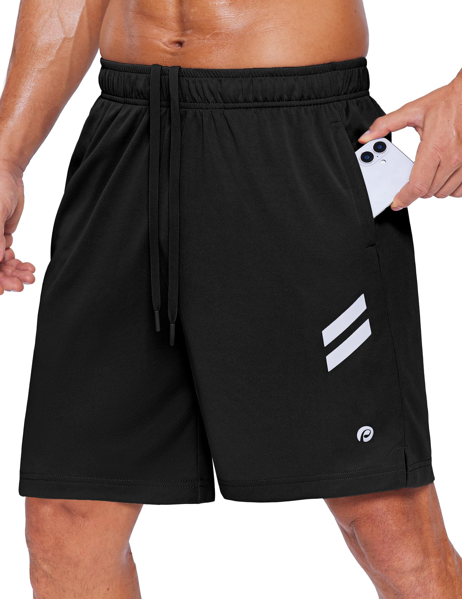 PINSPARK Men's Athletic Running Shorts Quick Dry Lightweight Gym Shorts 7 Inch Workout Shorts with Zipper Pockets