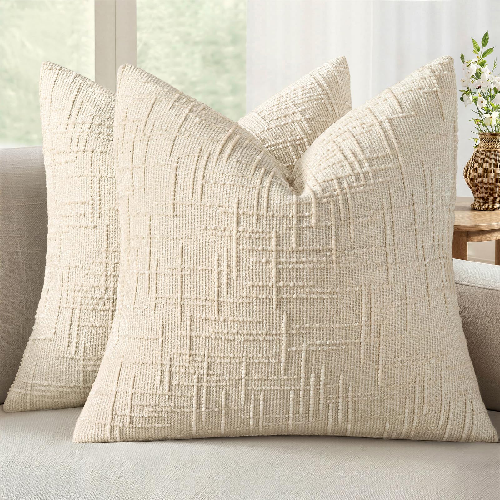 MIULEE Textured Throw Pillow Covers Thick Chenille Decorative Pillows Beige 18x18 Inch Set of 2 Modern Boho Farmhouse Home Decor Neutral Cushion Covers for Couch Sofa Living Room Bedroom