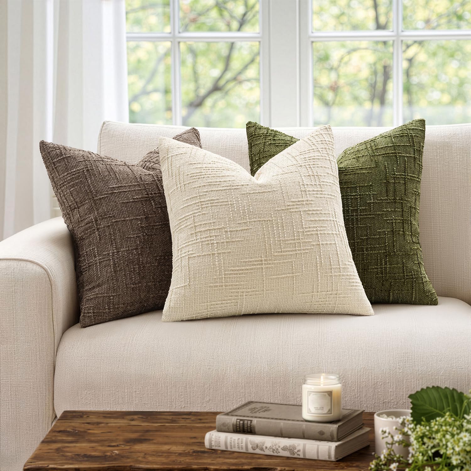MIULEE Textured Throw Pillow Covers Thick Chenille Decorative Pillows Beige 18x18 Inch Set of 2 Modern Boho Farmhouse Home Decor Neutral Cushion Covers for Couch Sofa Living Room Bedroom thumbnail