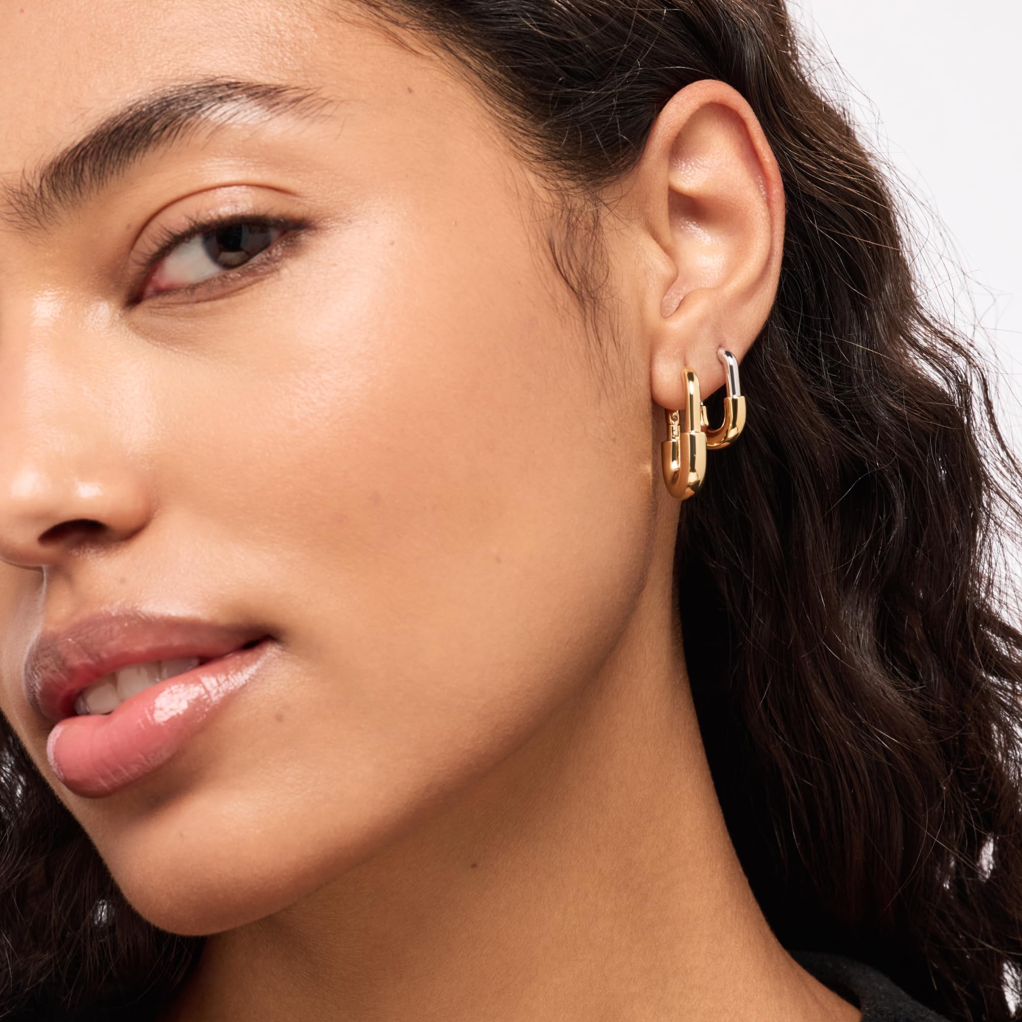 Ana Luisa Rectangle Hoop Earrings - Sterling Silver Base With 14K Gold & Silver Rhodium Plating - Chic, Dainty Mixed Metal Huggie Hoops - Hypoallergenic, Tarnish-Free, and Water-Resistant Hoops thumbnail