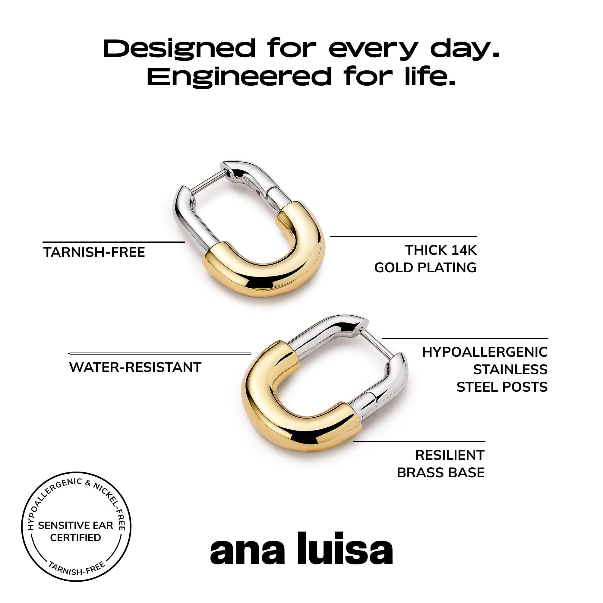 Ana Luisa Rectangle Hoop Earrings - Sterling Silver Base With 14K Gold & Silver Rhodium Plating - Chic, Dainty Mixed Metal Huggie Hoops - Hypoallergenic, Tarnish-Free, and Water-Resistant Hoops thumbnail