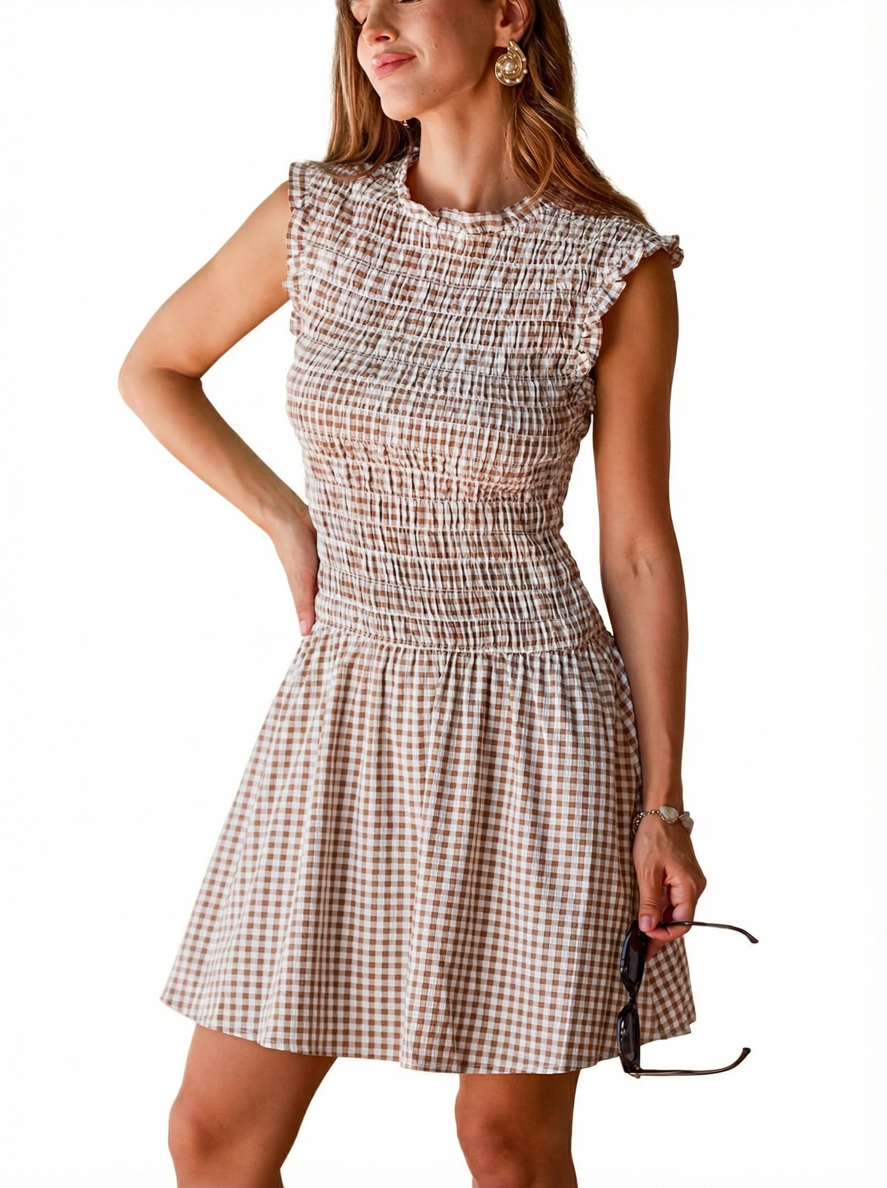 CUPSHE Women's Sleeveless Plaid Mini Dress Casual Gingham Smocked Tank Dress Ruffle A Line Short Summer Dress