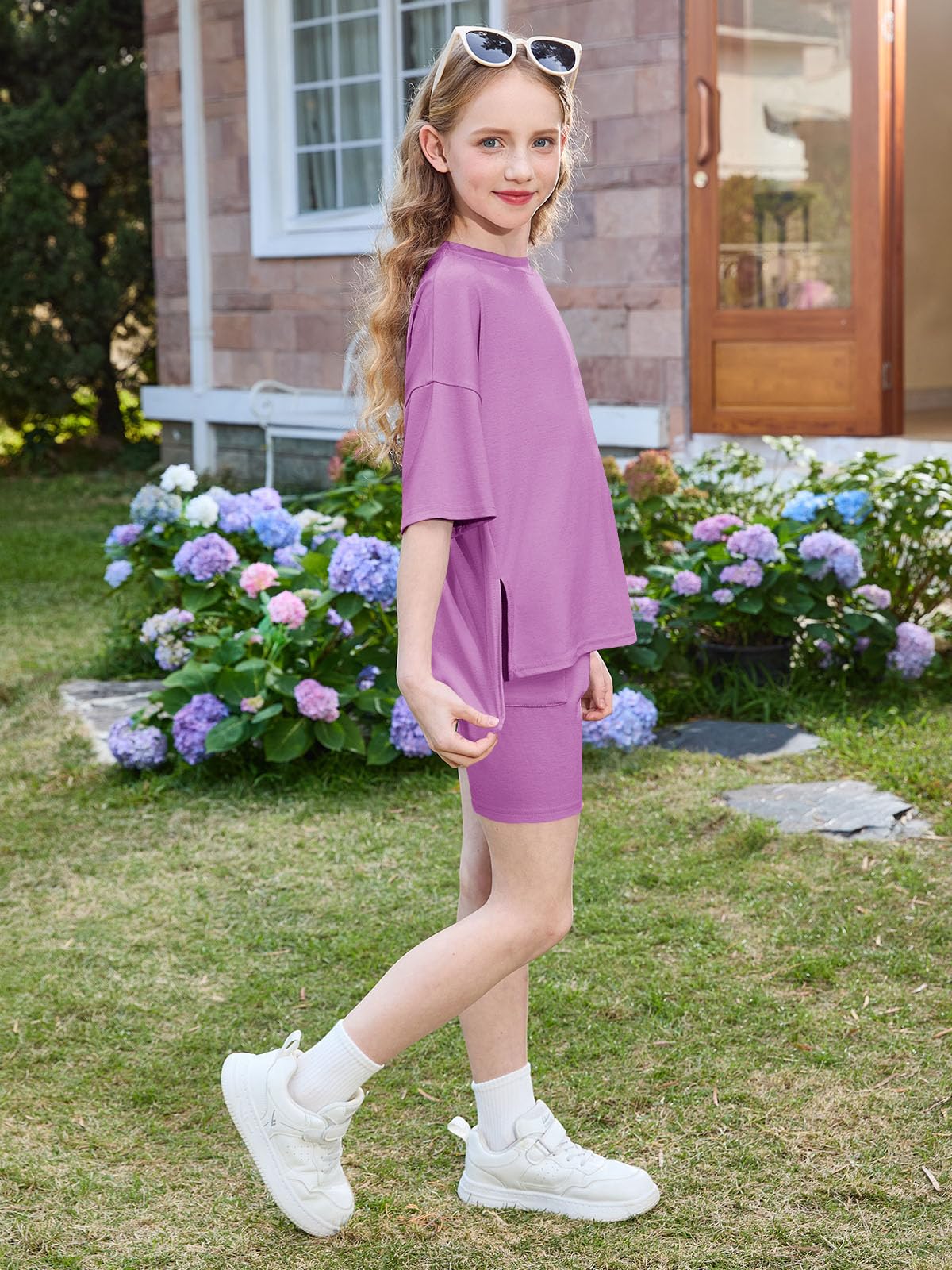 Haloumoning Girls Summer Lounge Set Oversized 2 Piece Clothing Sets | Side Split ,summer outfits for girls,short set,2 Piece Outfits, Shirts and Biker Shorts thumbnail