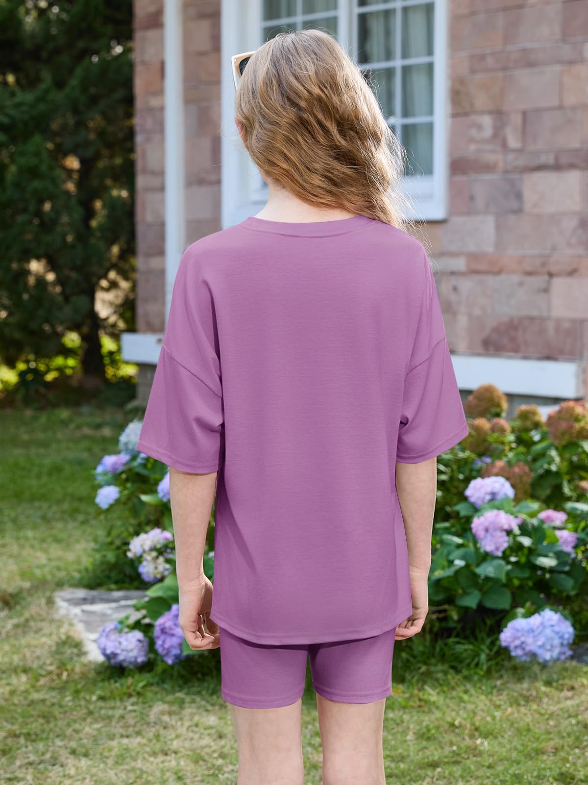 Haloumoning Girls Summer Lounge Set Oversized 2 Piece Clothing Sets | Side Split ,summer outfits for girls,short set,2 Piece Outfits, Shirts and Biker Shorts thumbnail