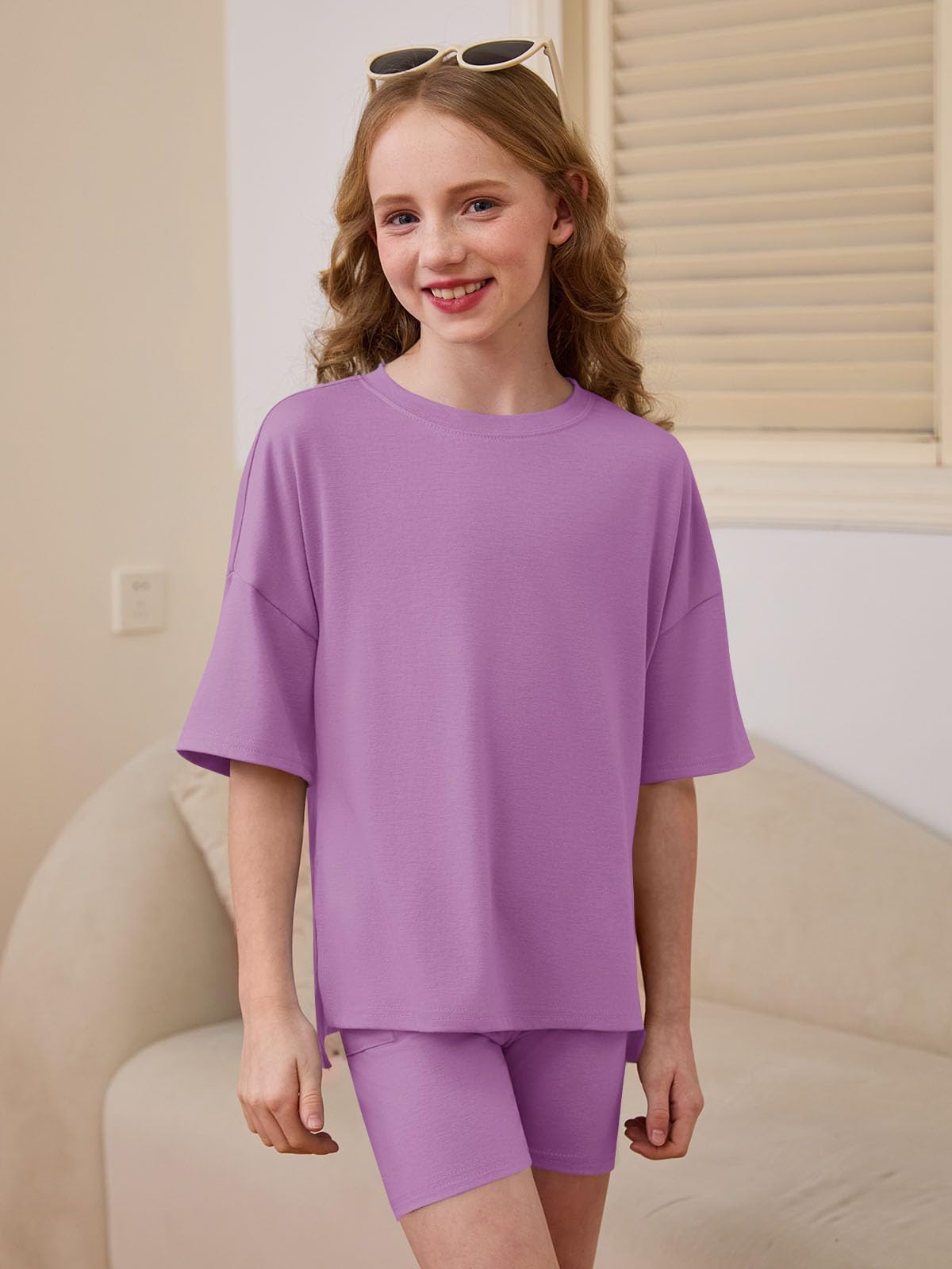 Haloumoning Girls Summer Lounge Set Oversized 2 Piece Clothing Sets | Side Split ,summer outfits for girls,short set,2 Piece Outfits, Shirts and Biker Shorts thumbnail