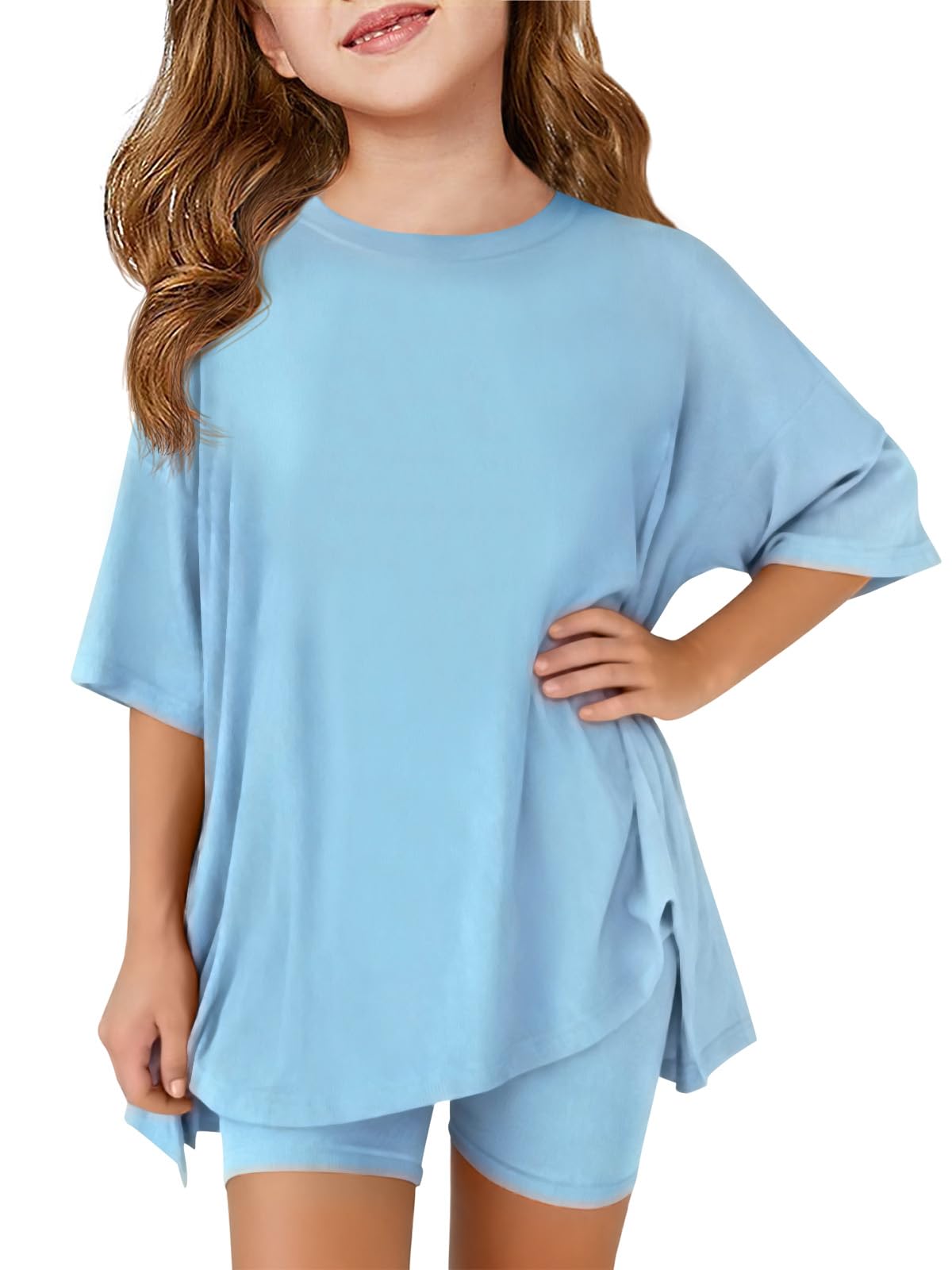 Haloumoning Girls Summer Lounge Set Oversized 2 Piece Clothing Sets | Side Split ,summer outfits for girls,short set,2 Piece Outfits, Shirts and Biker Shorts thumbnail