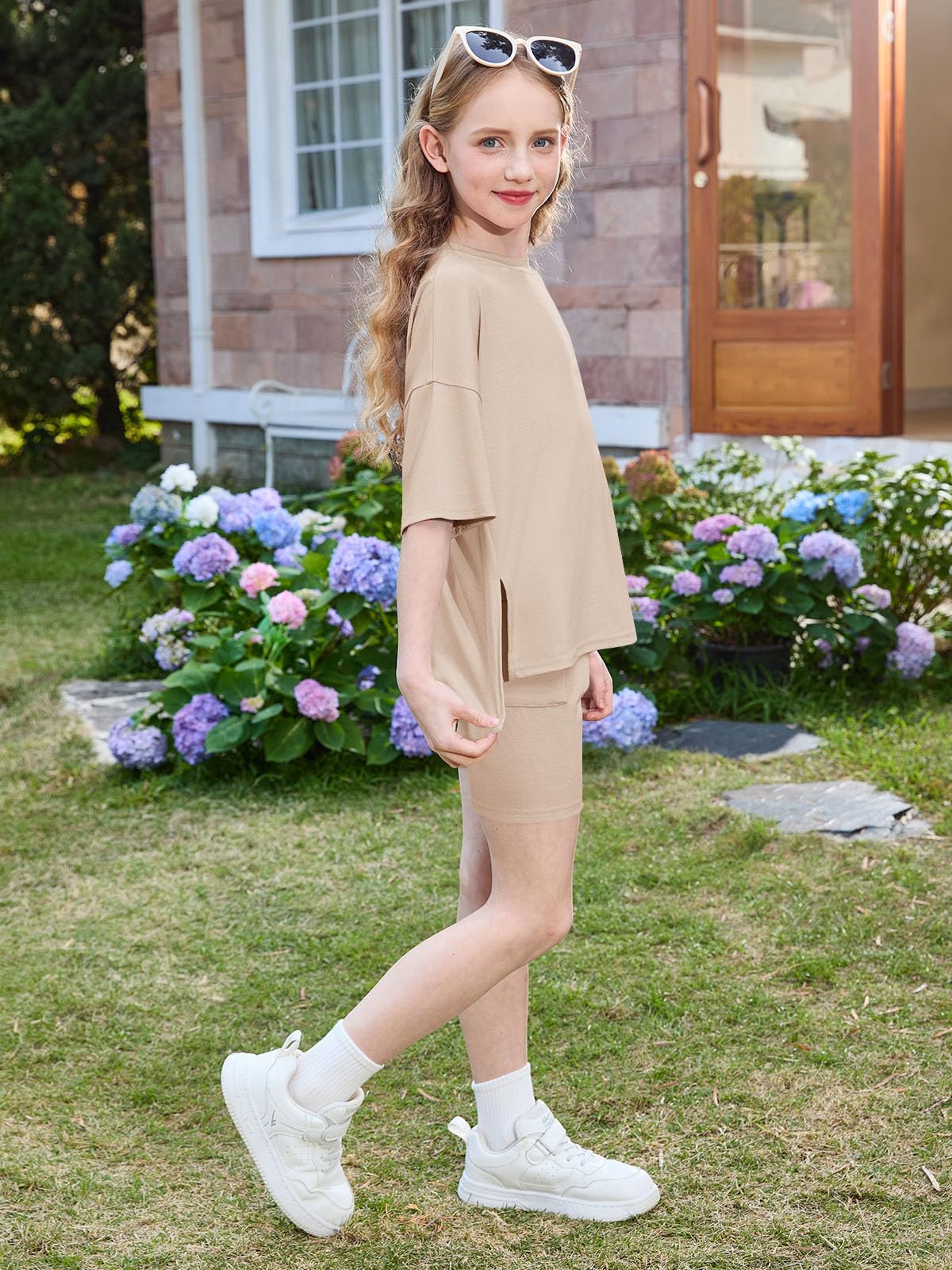 Haloumoning Girls Summer Lounge Set Oversized 2 Piece Clothing Sets | Side Split ,summer outfits for girls,short set,2 Piece Outfits, Shirts and Biker Shorts thumbnail
