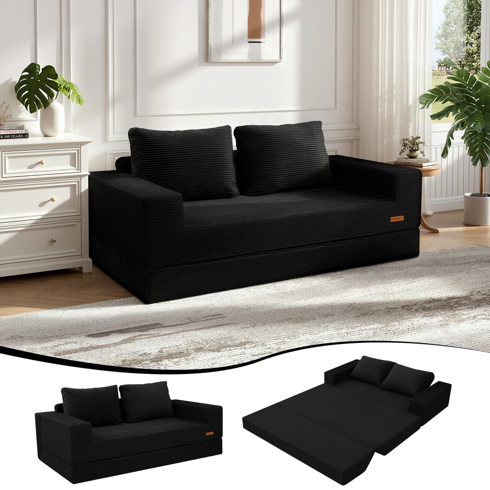 COMAX Futon Sofa Bed, Convertible Sofa Bed, Folding Boneless Couches | Boneless Couch for living room, 4‑in‑1 Fold Out Small Foldable Loveseat Floor Sleeper Mattress Lounge Space‑Saving