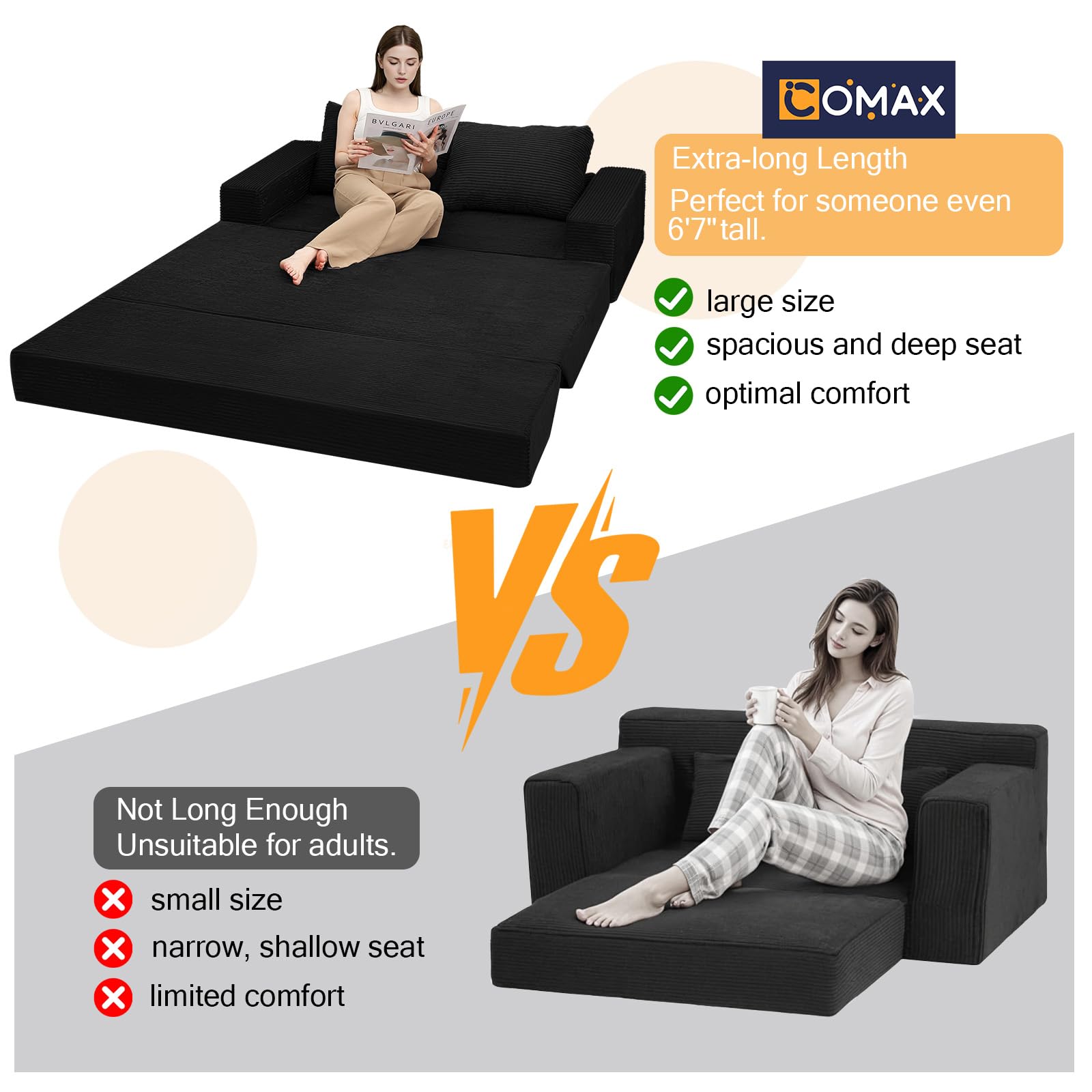 COMAX Futon Sofa Bed, Convertible Sofa Bed, Folding Boneless Couches | Boneless Couch for living room, 4‑in‑1 Fold Out Small Foldable Loveseat Floor Sleeper Mattress Lounge Space‑Saving thumbnail