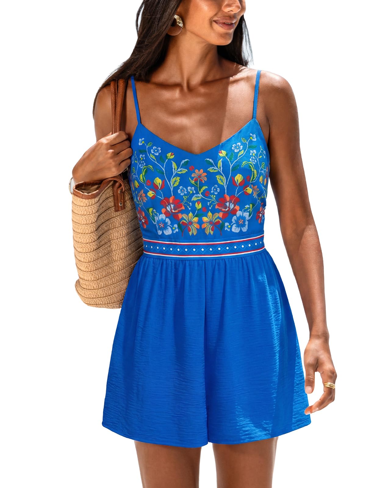 CUPSHE Women's Floral V-Neck Romper Spaghetti Strap Waist Beach | Cute Boho Print, Lightweight Breezy Fabric, Comfy Stretchy Waist, Tropical Vacation Outfit, Poolside Party, Summer Date Night thumbnail
