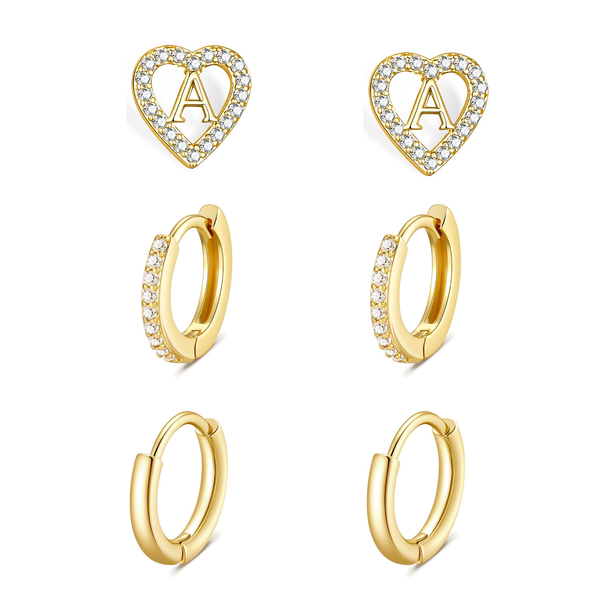 Ritach Gold Initial Earrings for Women 3 Pairs Gold Huggie Hoop Earrings Set for Multiple Piercing Hypoallergenic CZ Stud Earrings