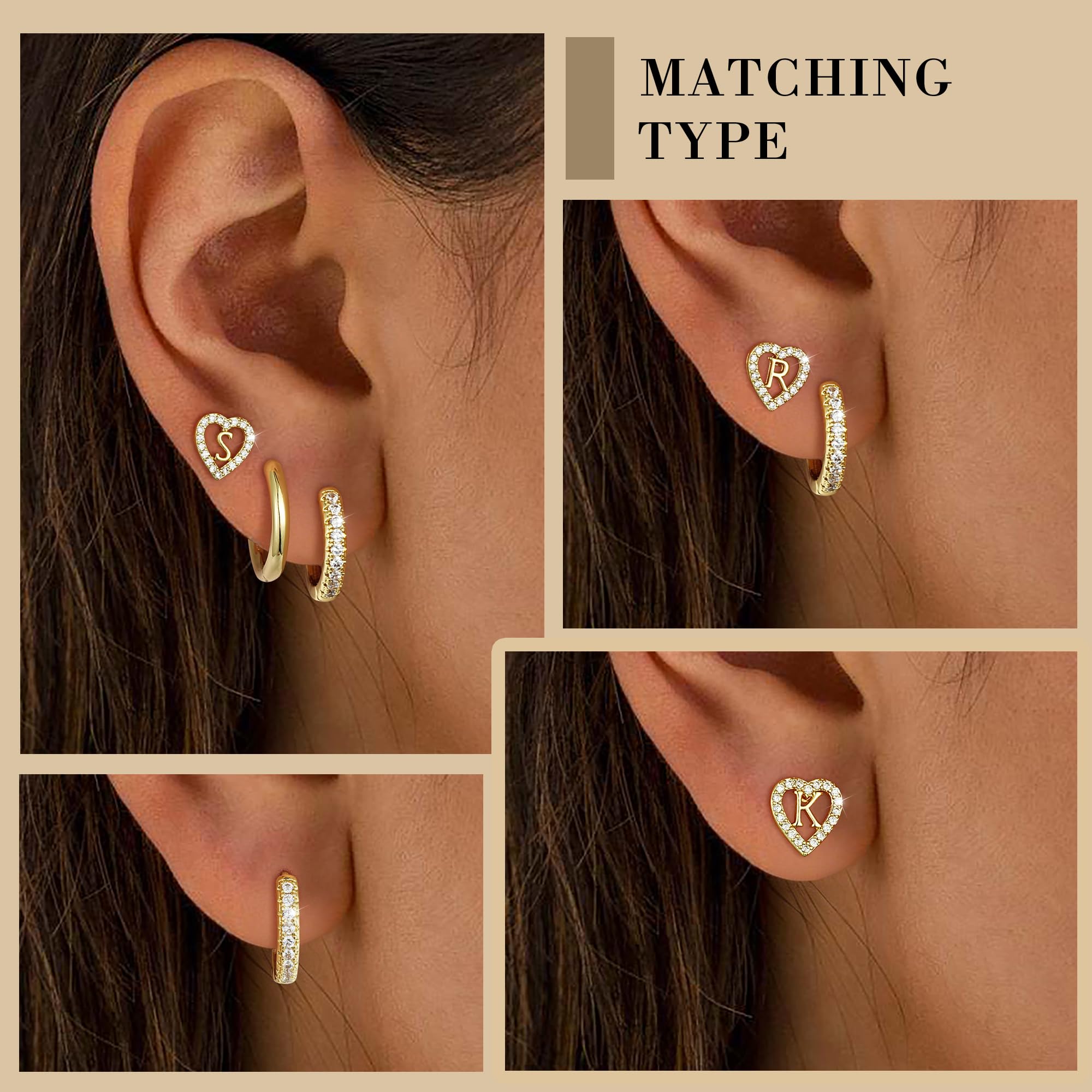 Ritach Gold Initial Earrings for Women 3 Pairs Gold Huggie Hoop Earrings Set for Multiple Piercing Hypoallergenic CZ Stud Earrings thumbnail