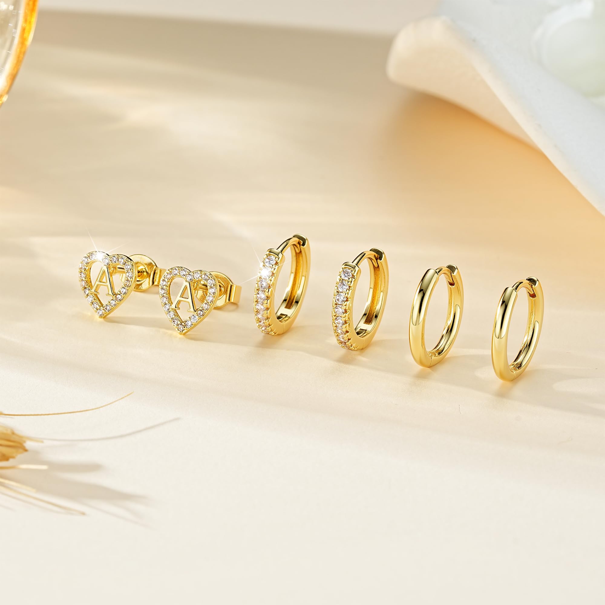 Ritach Gold Initial Earrings for Women 3 Pairs Gold Huggie Hoop Earrings Set for Multiple Piercing Hypoallergenic CZ Stud Earrings thumbnail