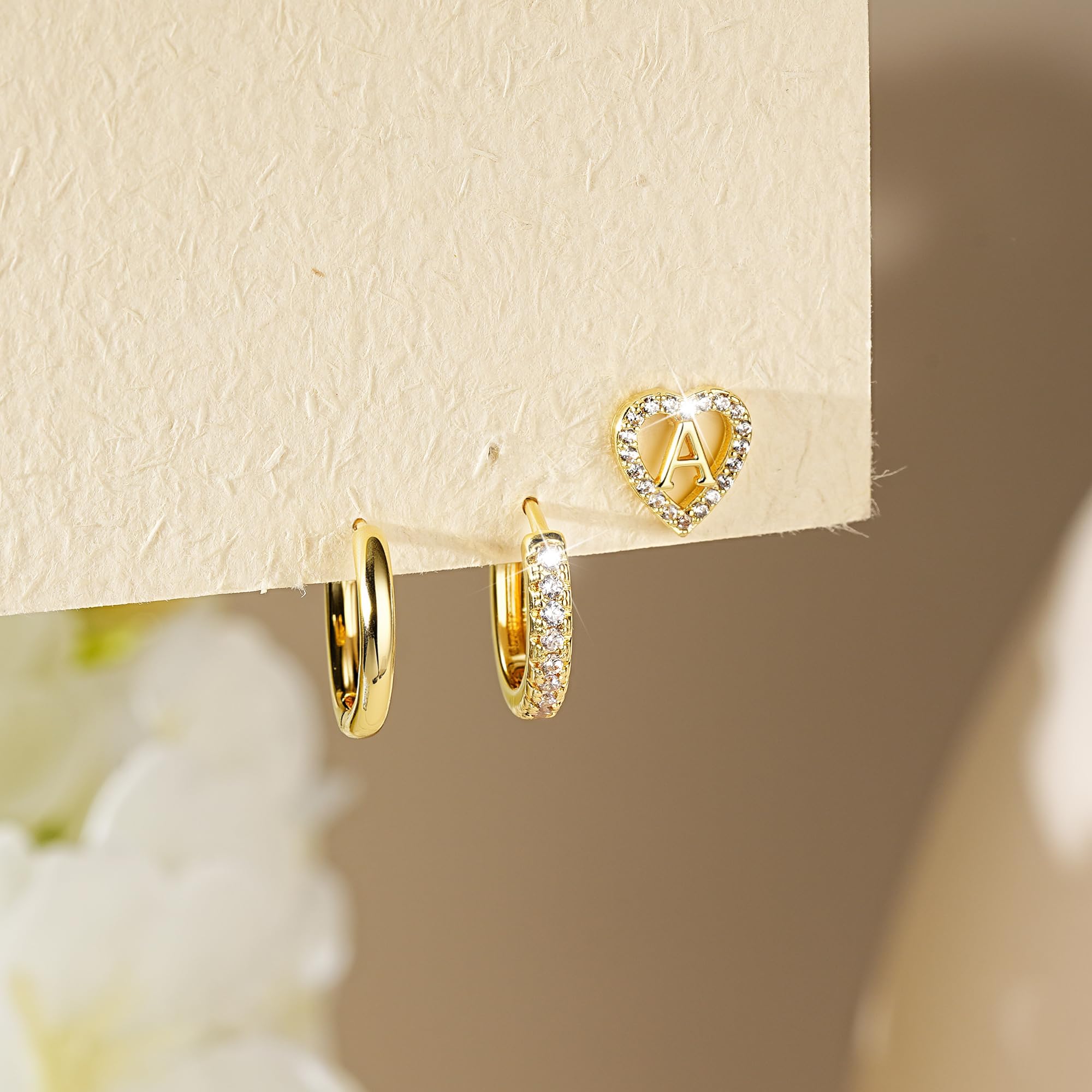 Ritach Gold Initial Earrings for Women 3 Pairs Gold Huggie Hoop Earrings Set for Multiple Piercing Hypoallergenic CZ Stud Earrings thumbnail