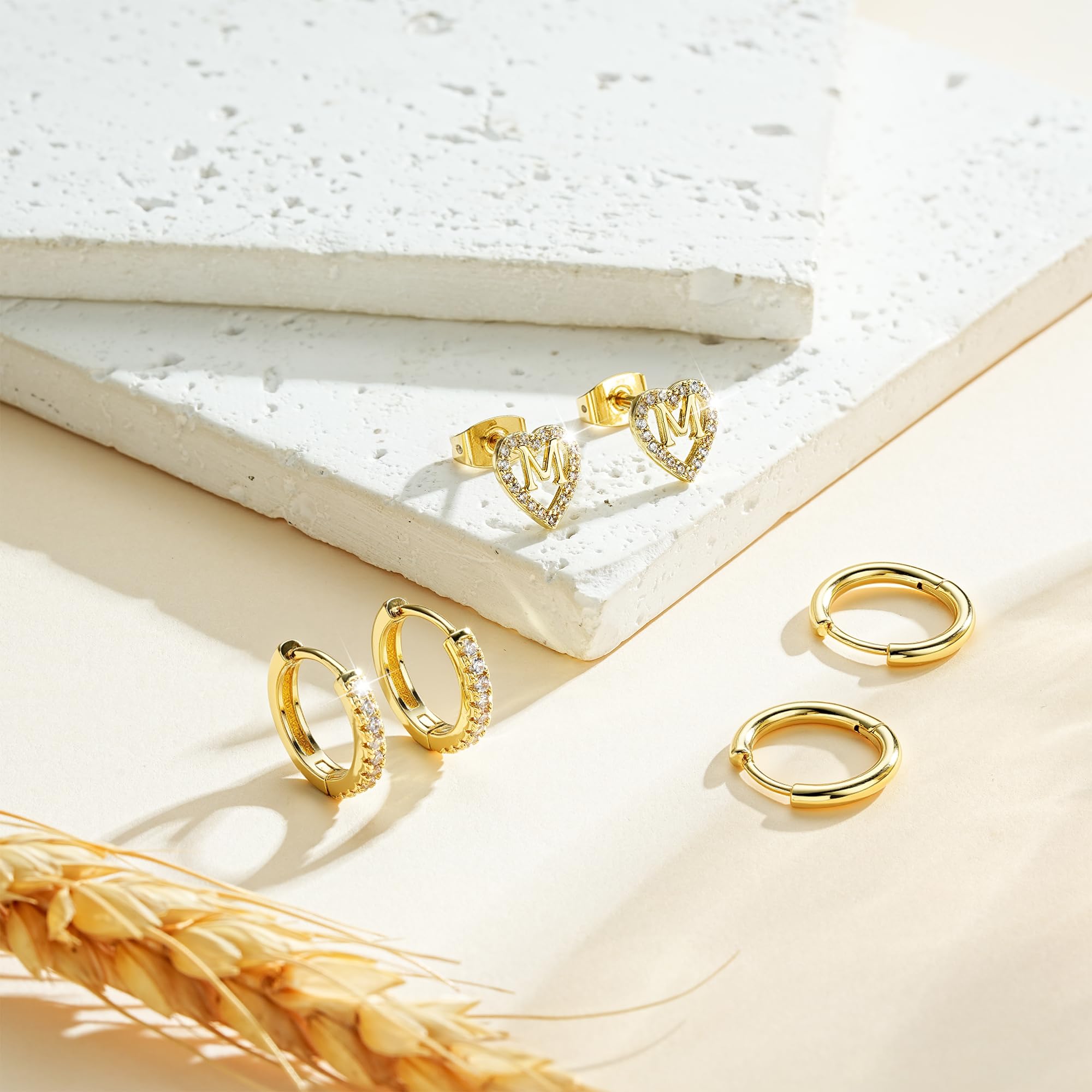 Ritach Gold Initial Earrings for Women 3 Pairs Gold Huggie Hoop Earrings Set for Multiple Piercing Hypoallergenic CZ Stud Earrings thumbnail