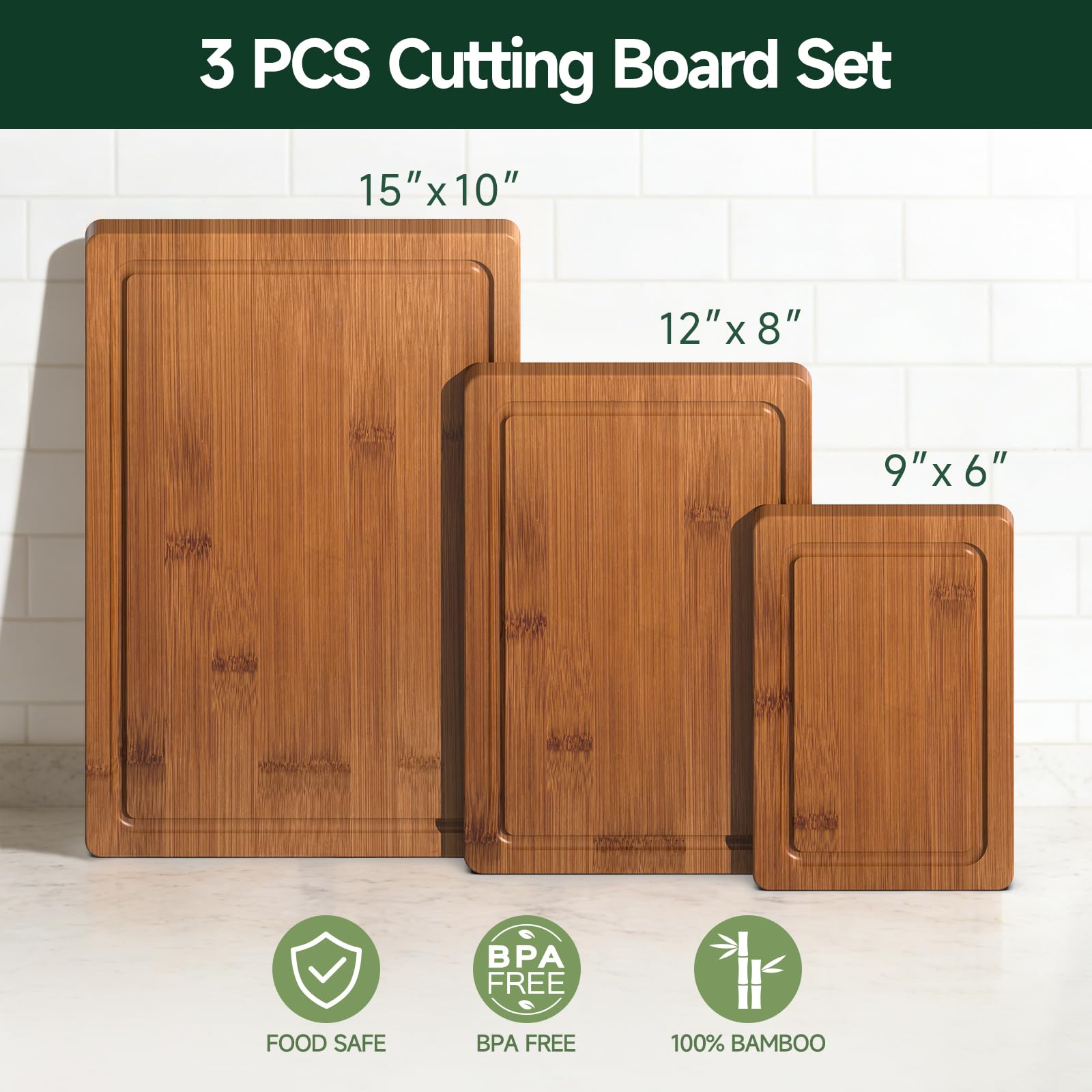3-Piece Set Deep-Carbonized Bamboo Cutting Board for Kitchen, Carbonized thumbnail