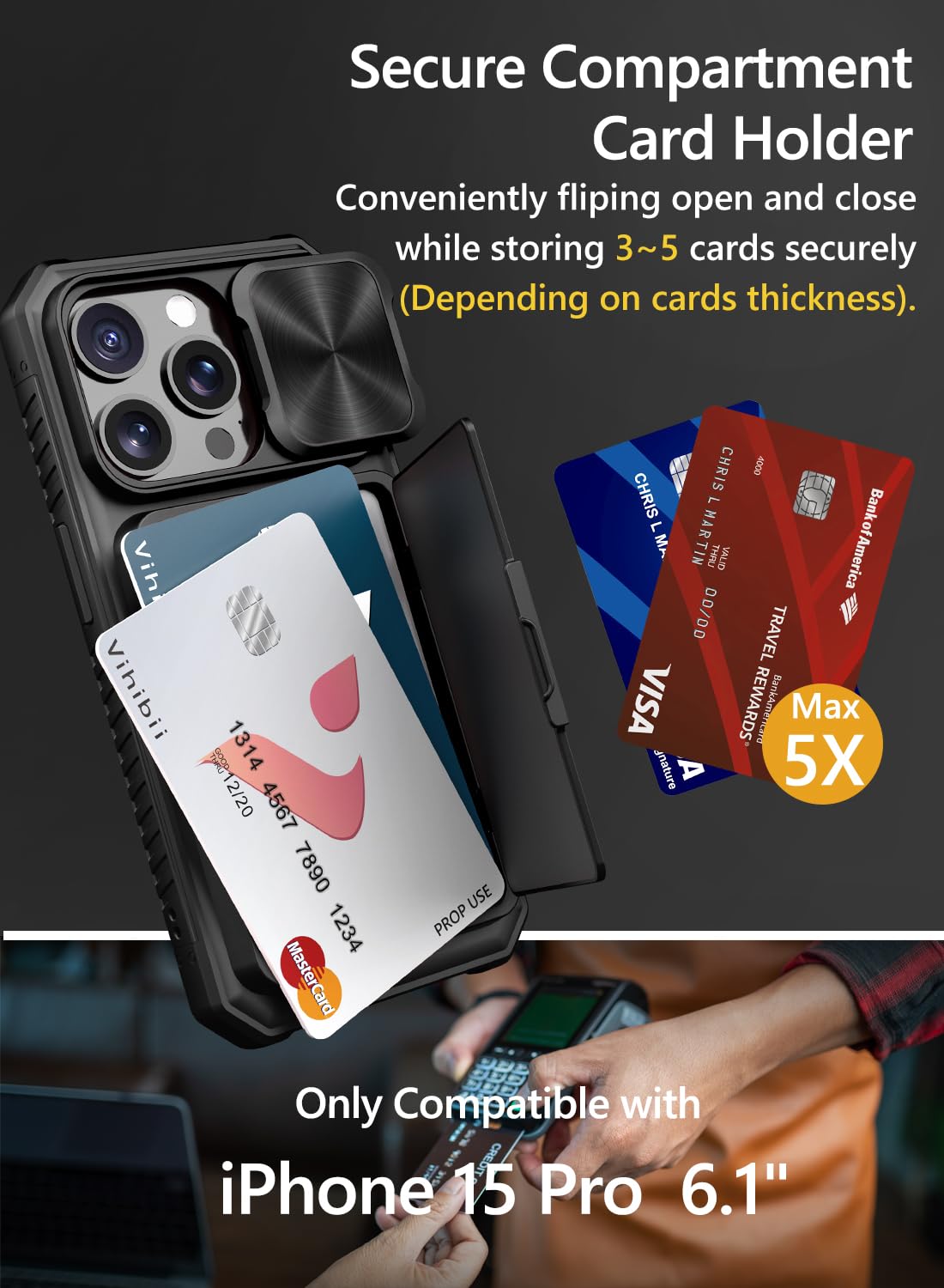Vihibii for iPhone 15 Pro Max Case with Card Holder (4 Cards), Built-in 2X Privacy Screen Protector & Slide Camera Cover & Kickstand, Military Grade Drop Protection, Rugged Wallet Case, Black thumbnail