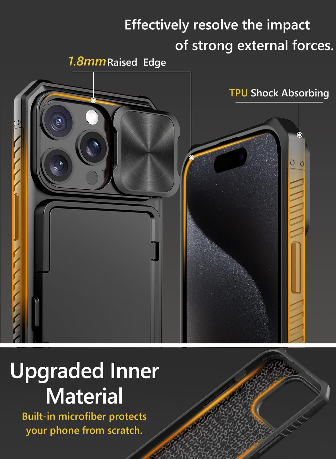 Vihibii for iPhone 15 Pro Max Case with Card Holder (4 Cards), Built-in 2X Privacy Screen Protector & Slide Camera Cover & Kickstand, Military Grade Drop Protection, Rugged Wallet Case, Black thumbnail
