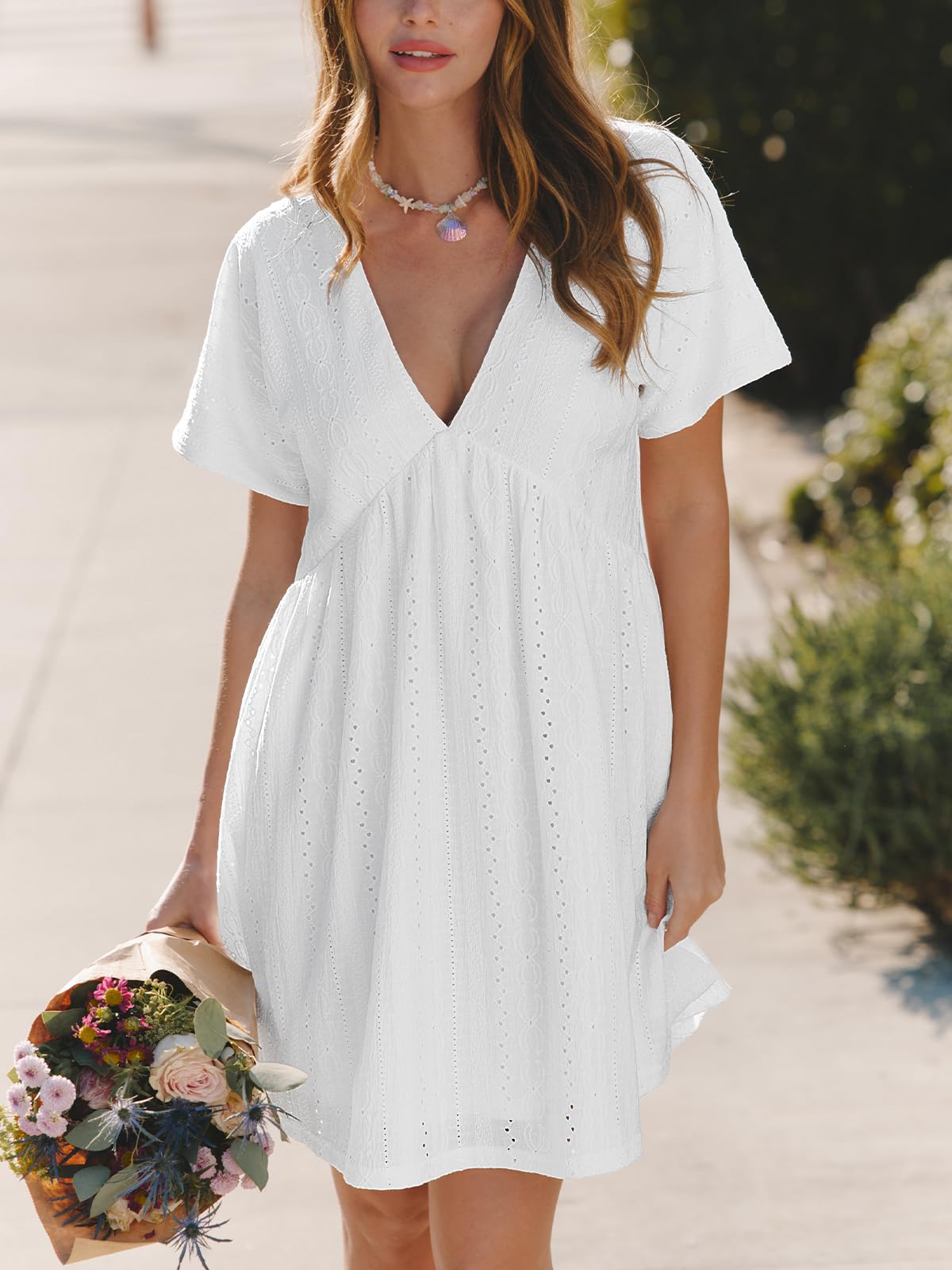 CUPSHE Women's Summer Dresses V Neck Short Sleeve Hollow Out Ruffle Tunic Double Layer Vacation Mini Dress thumbnail
