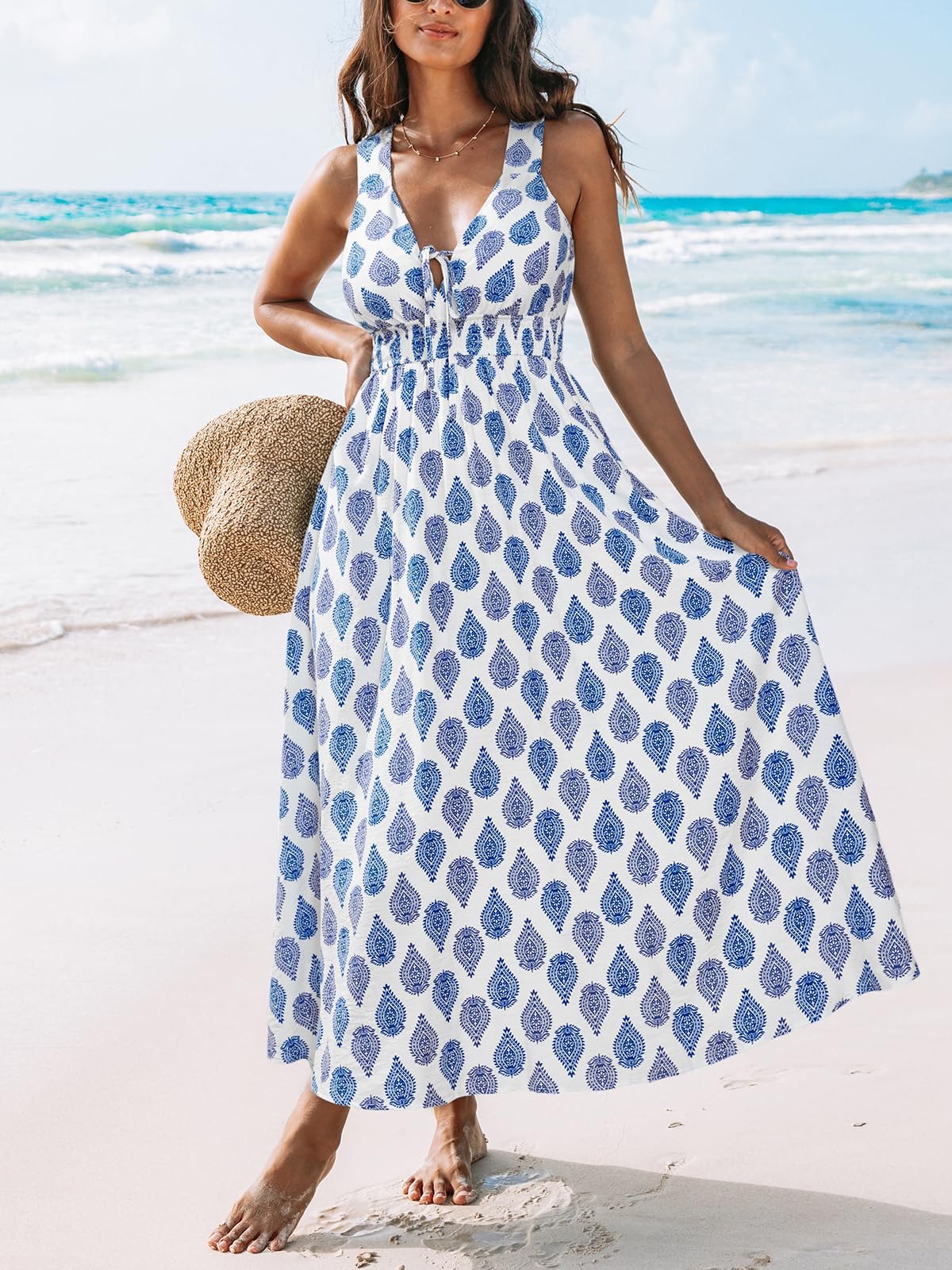 CUPSHE Women Summer Maxi Dress Boho Sleeveless Flowy Sundress | Plunging V Neck Floral Dresses, Beach Vacation Resort Wear, Smocked Waist Crossback, Holiday Travel Cruise Looks thumbnail