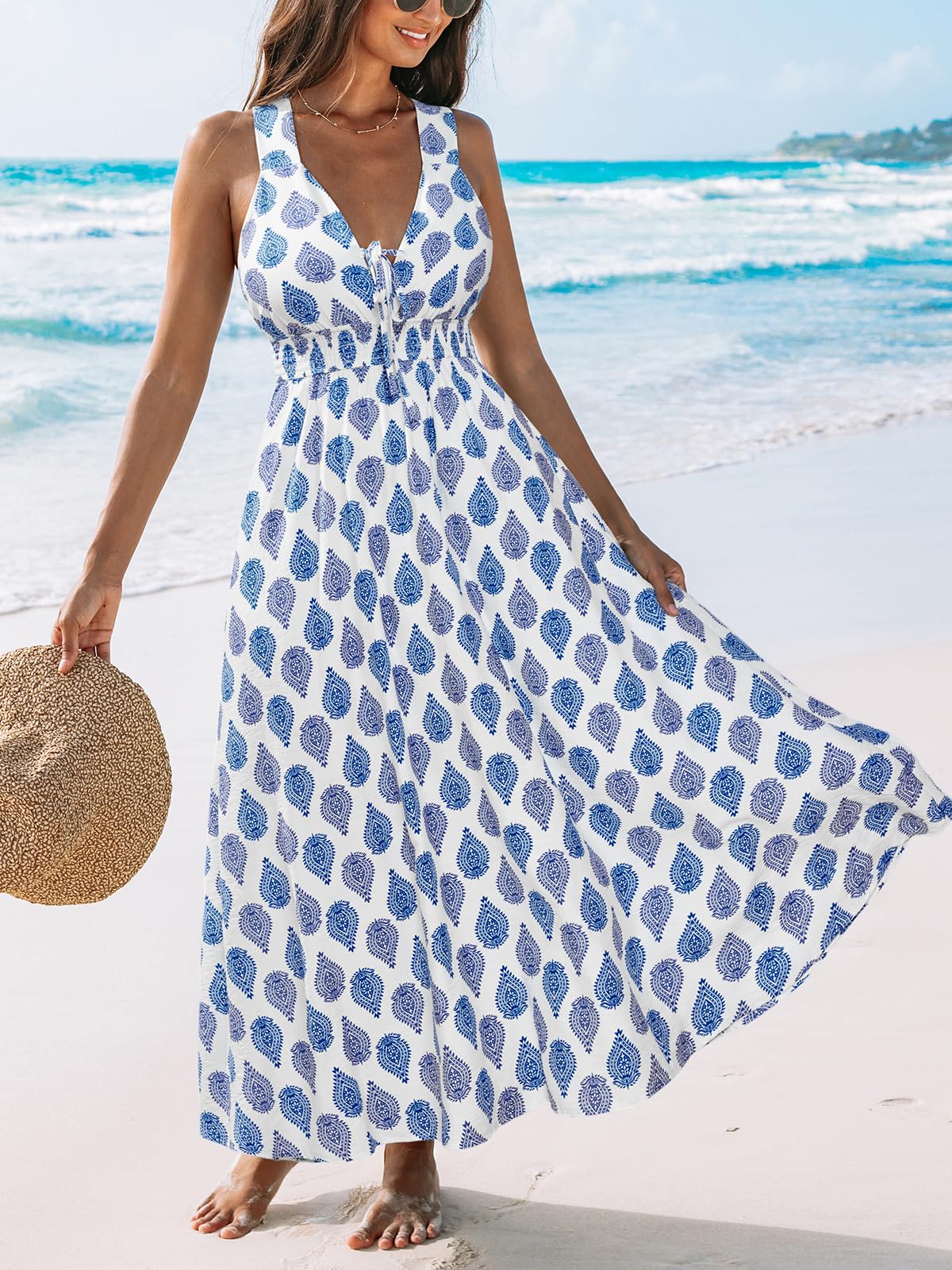 CUPSHE Women Summer Maxi Dress Boho Sleeveless Flowy Sundress | Plunging V Neck Floral Dresses, Beach Vacation Resort Wear, Smocked Waist Crossback, Holiday Travel Cruise Looks thumbnail
