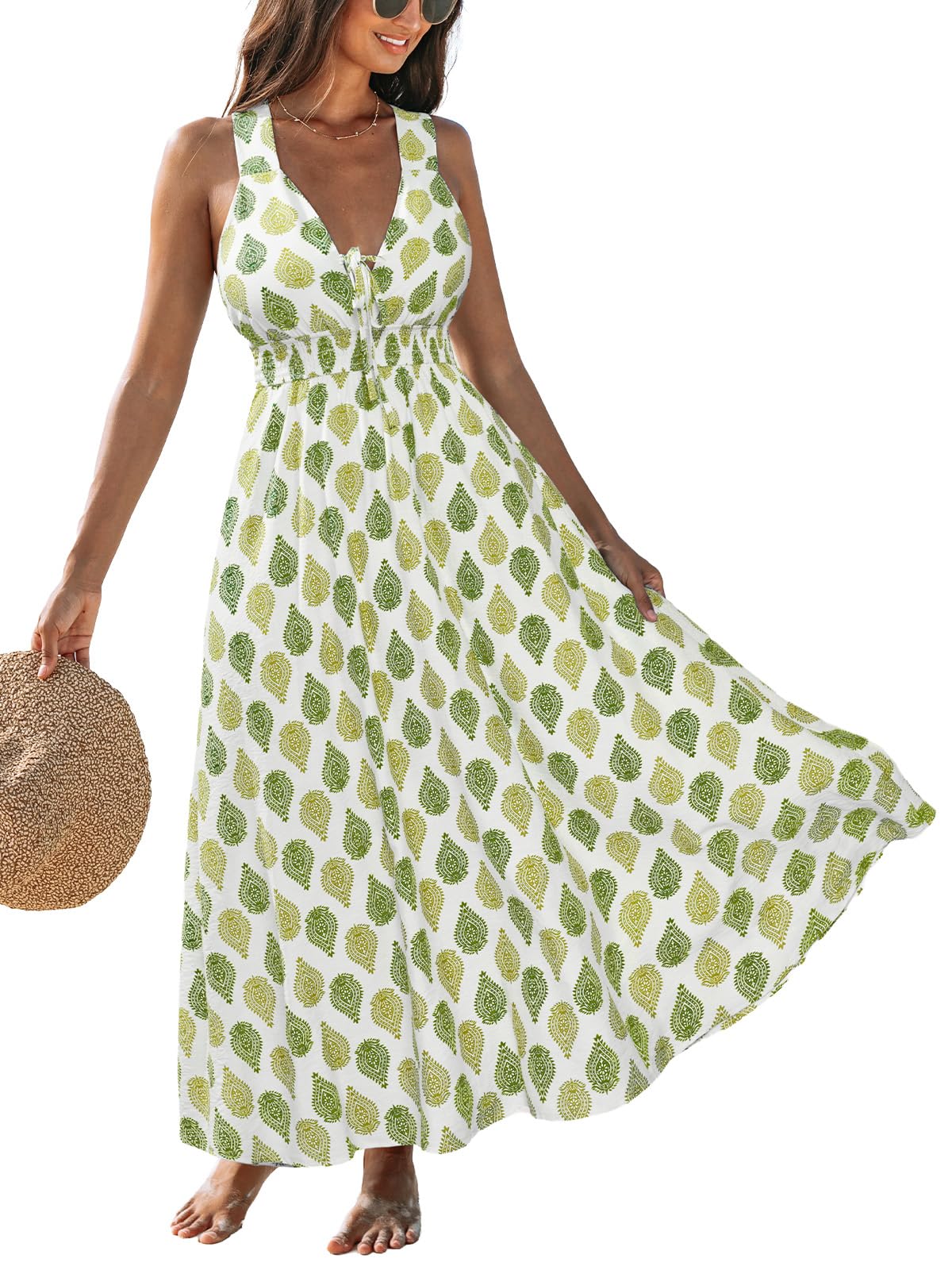 CUPSHE Women Summer Maxi Dress Boho Sleeveless Flowy Sundress | Plunging V Neck Floral Dresses, Beach Vacation Resort Wear, Smocked Waist Crossback, Holiday Travel Cruise Looks thumbnail