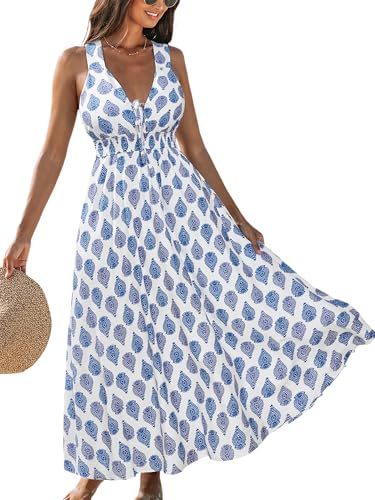 CUPSHE Women Summer Maxi Dress Boho Sleeveless Flowy Sundress | Plunging V Neck Floral Dresses, Beach Vacation Resort Wear, Smocked Waist Crossback, Holiday Travel Cruise Looks thumbnail